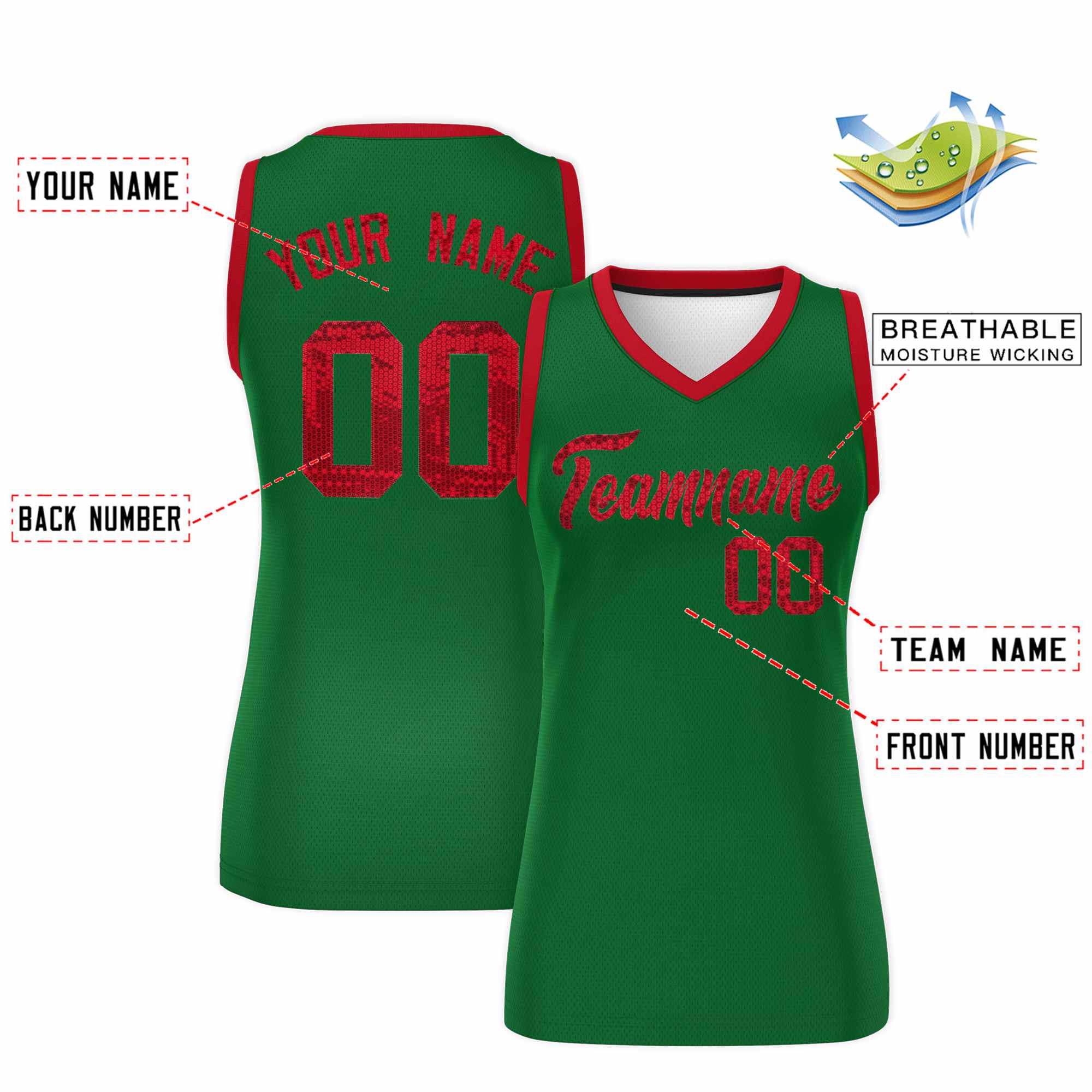 Custom Kelly Green Red Women Basketball Jersey Dress