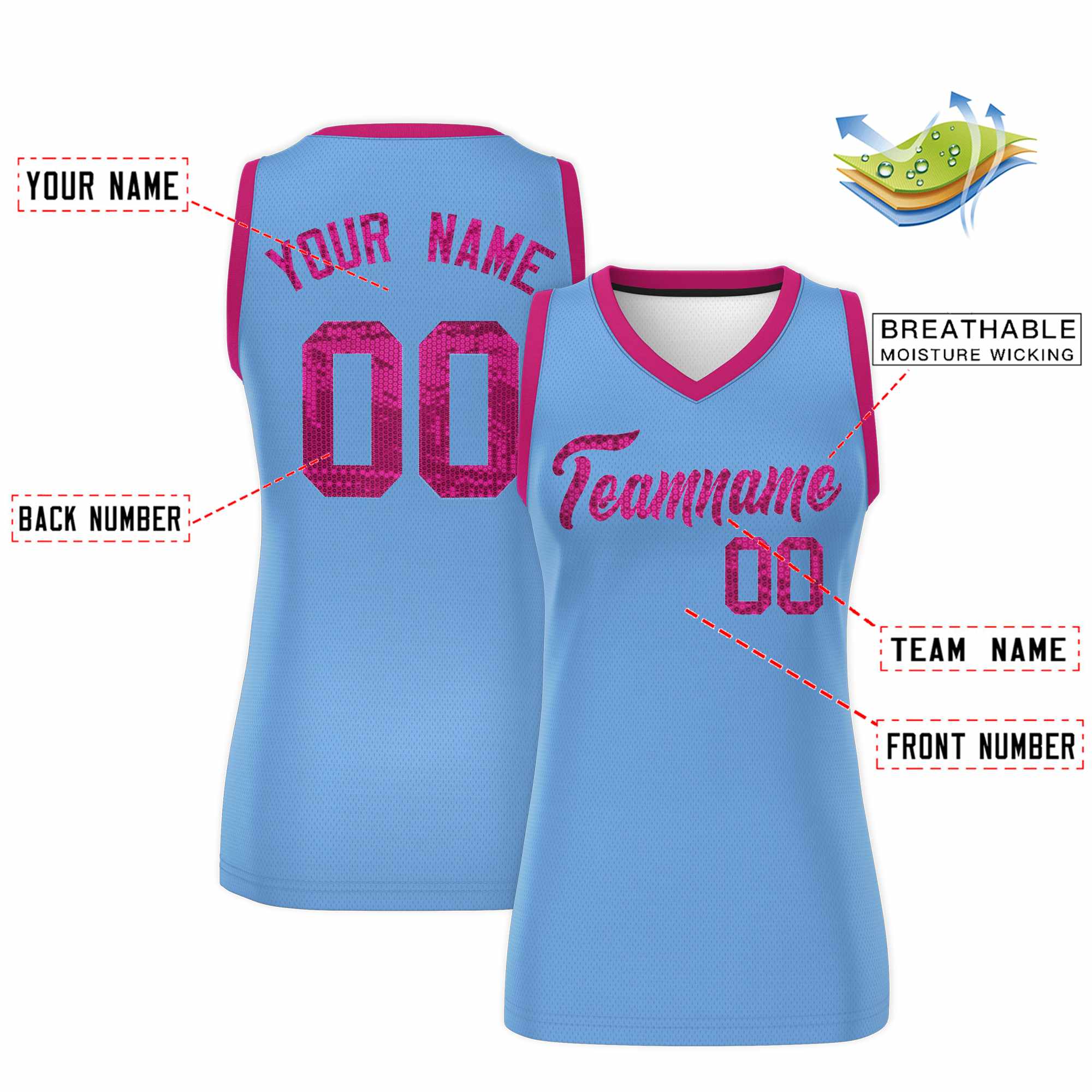 Custom Light Blue Pink Women Basketball Jersey Dress