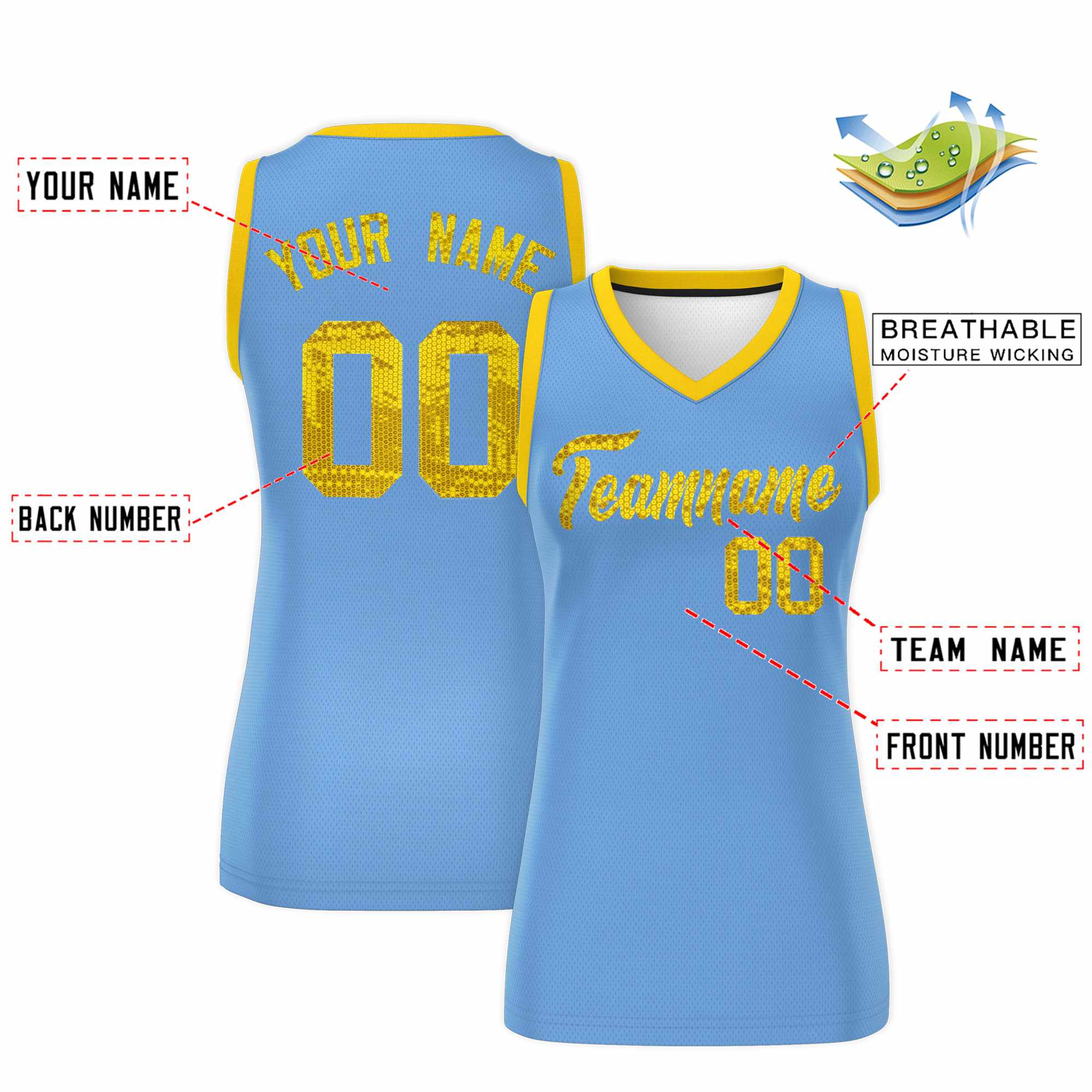 Custom Light Blue Gold Women Basketball Jersey Dress