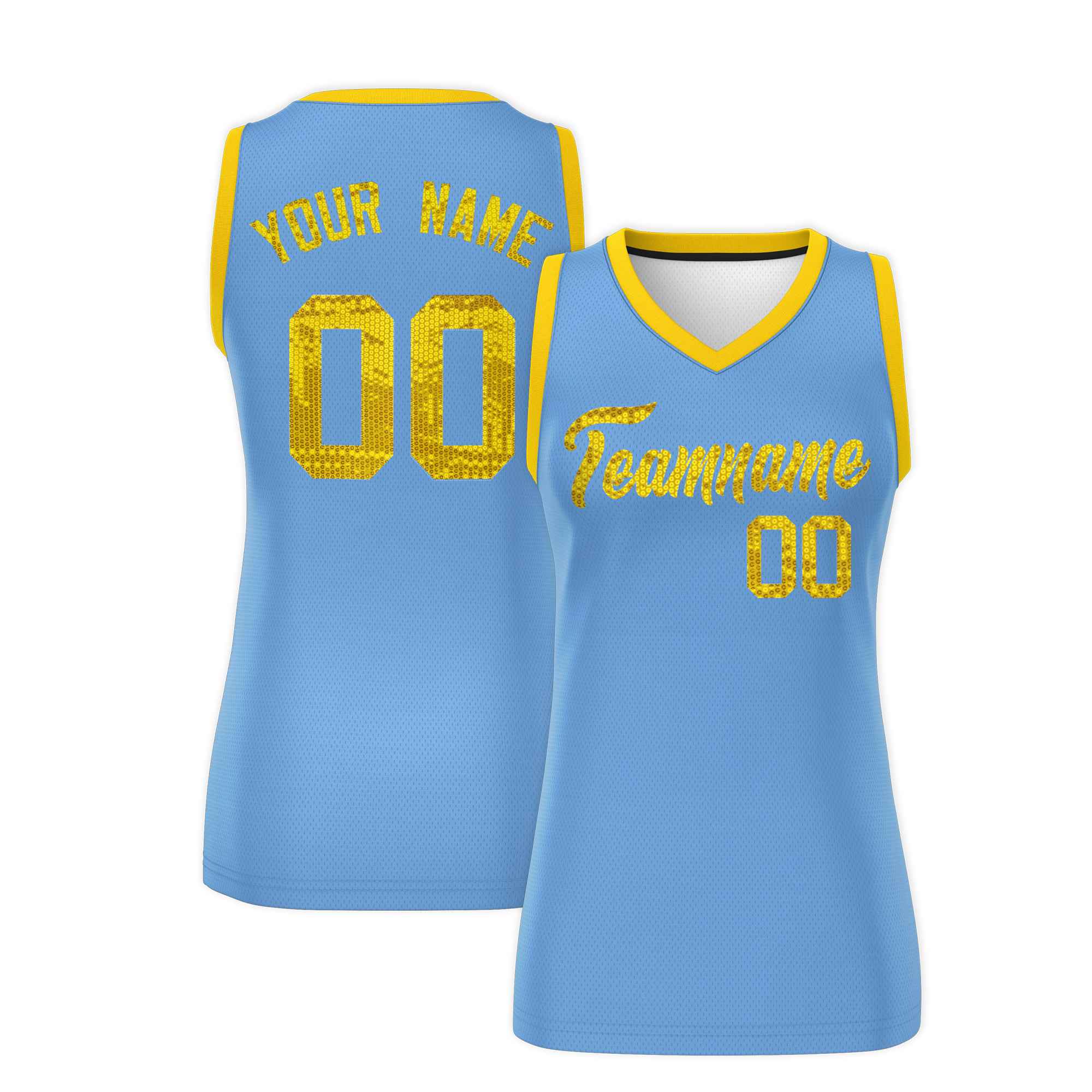 Custom Light Blue Gold Women Basketball Jersey Dress