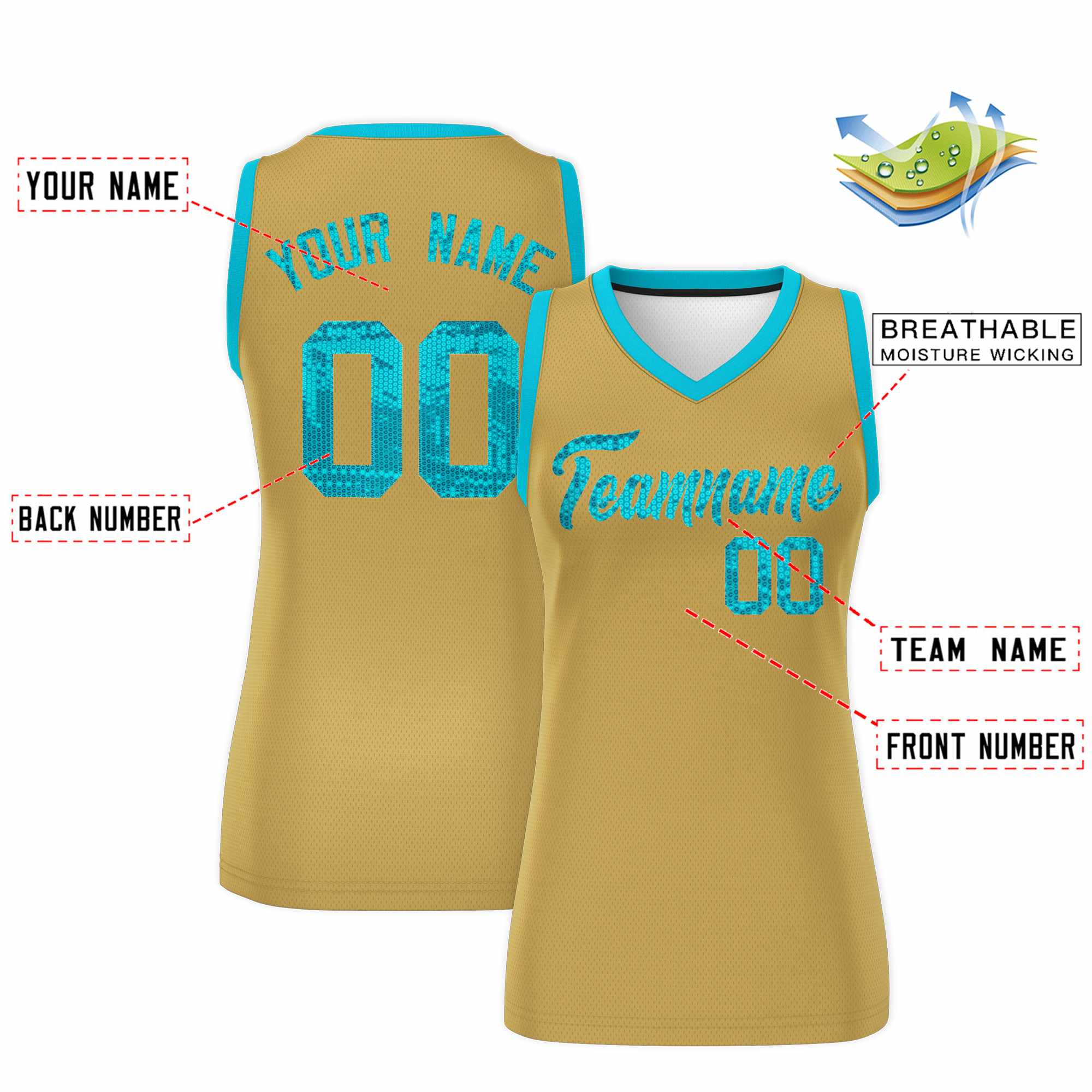 Custom Old Gold Sky Blue Women Basketball Jersey Dress