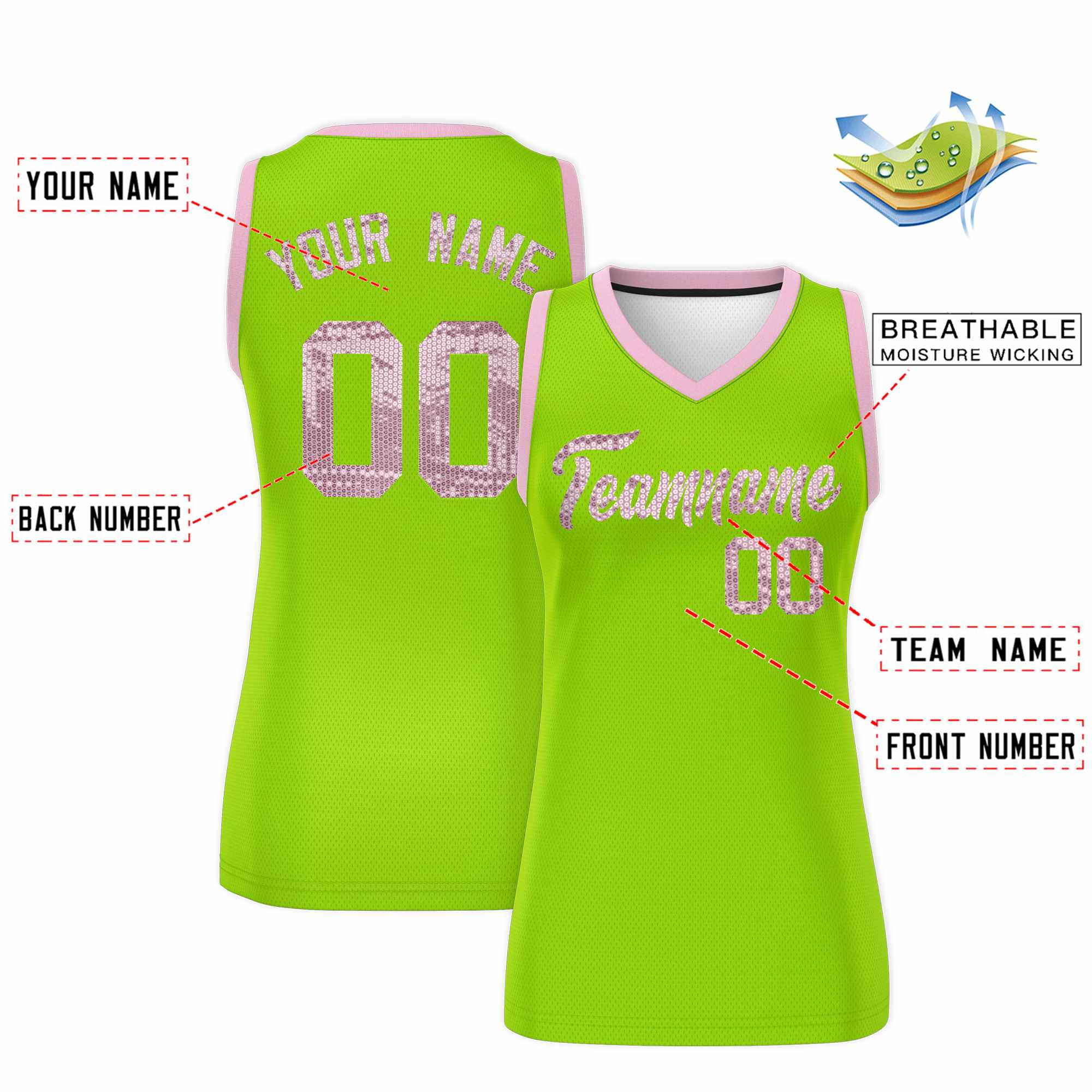 Custom Neon Green Light Pink Women Basketball Jersey Dress