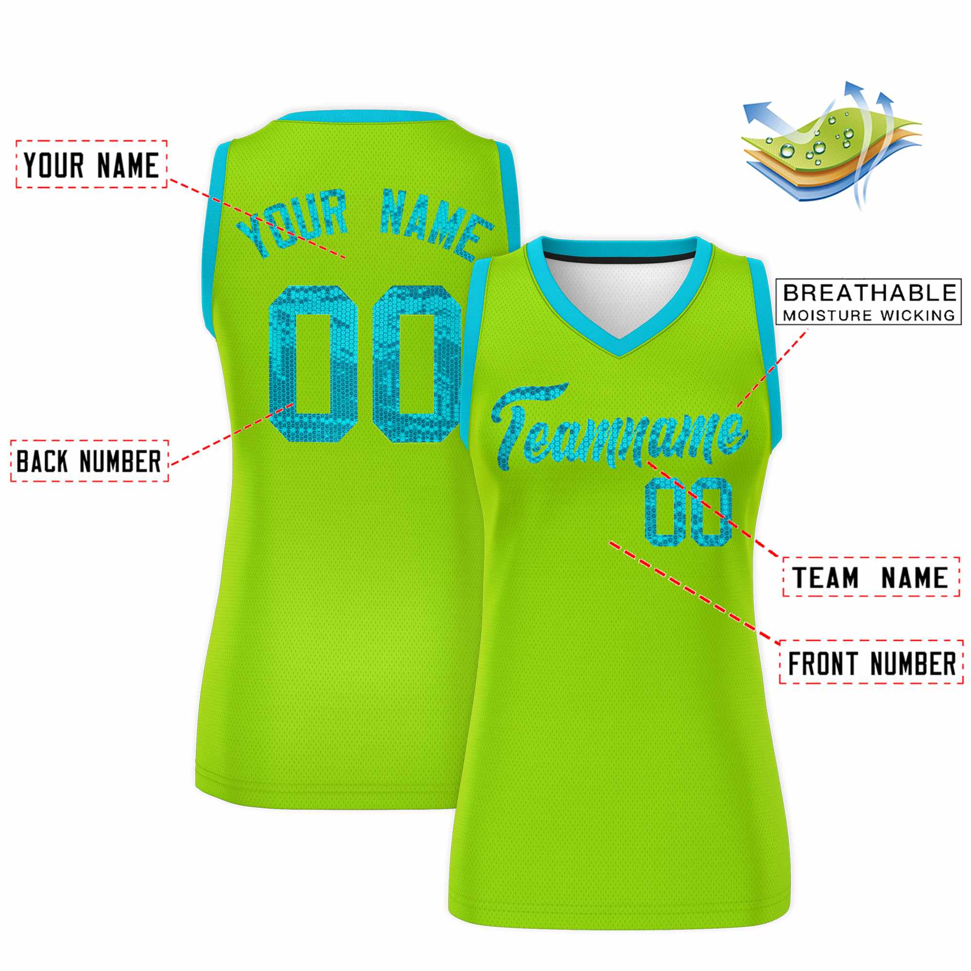 Custom Neon Green Sky Blue Women Basketball Jersey Dress