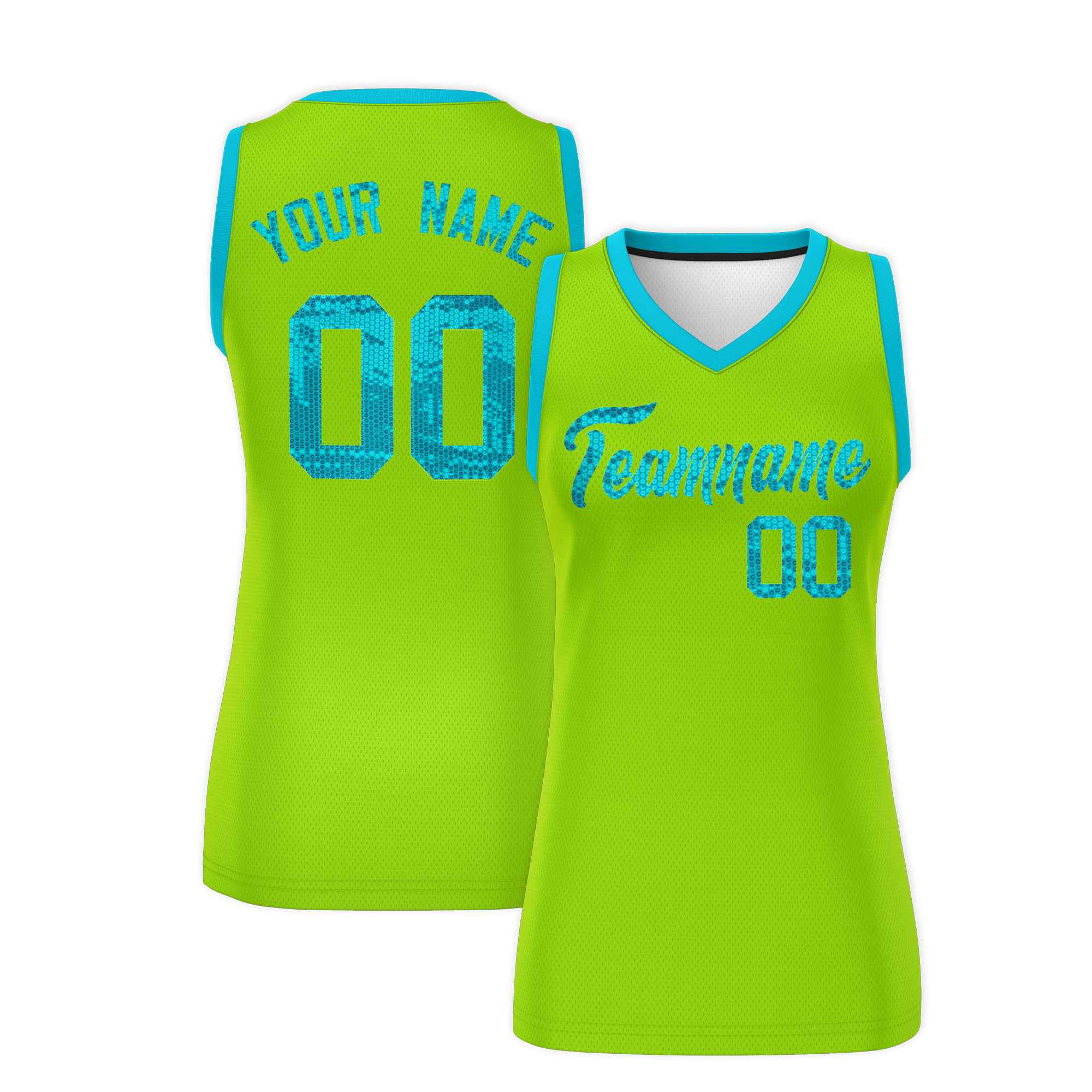 Custom Neon Green Sky Blue Women Basketball Jersey Dress