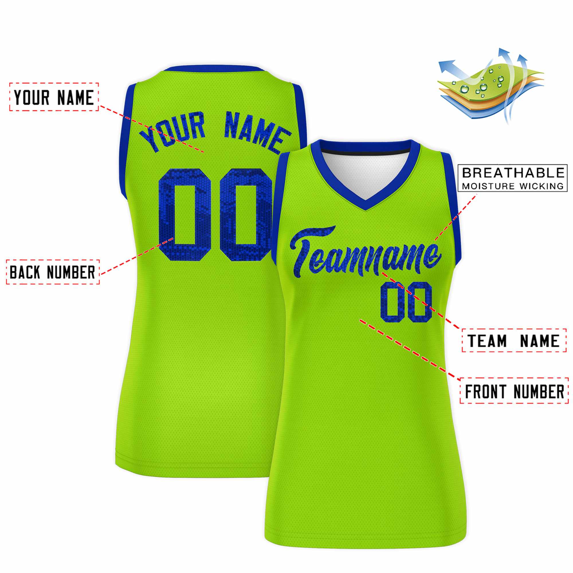 Custom Neon Green Royal Women Basketball Jersey Dress