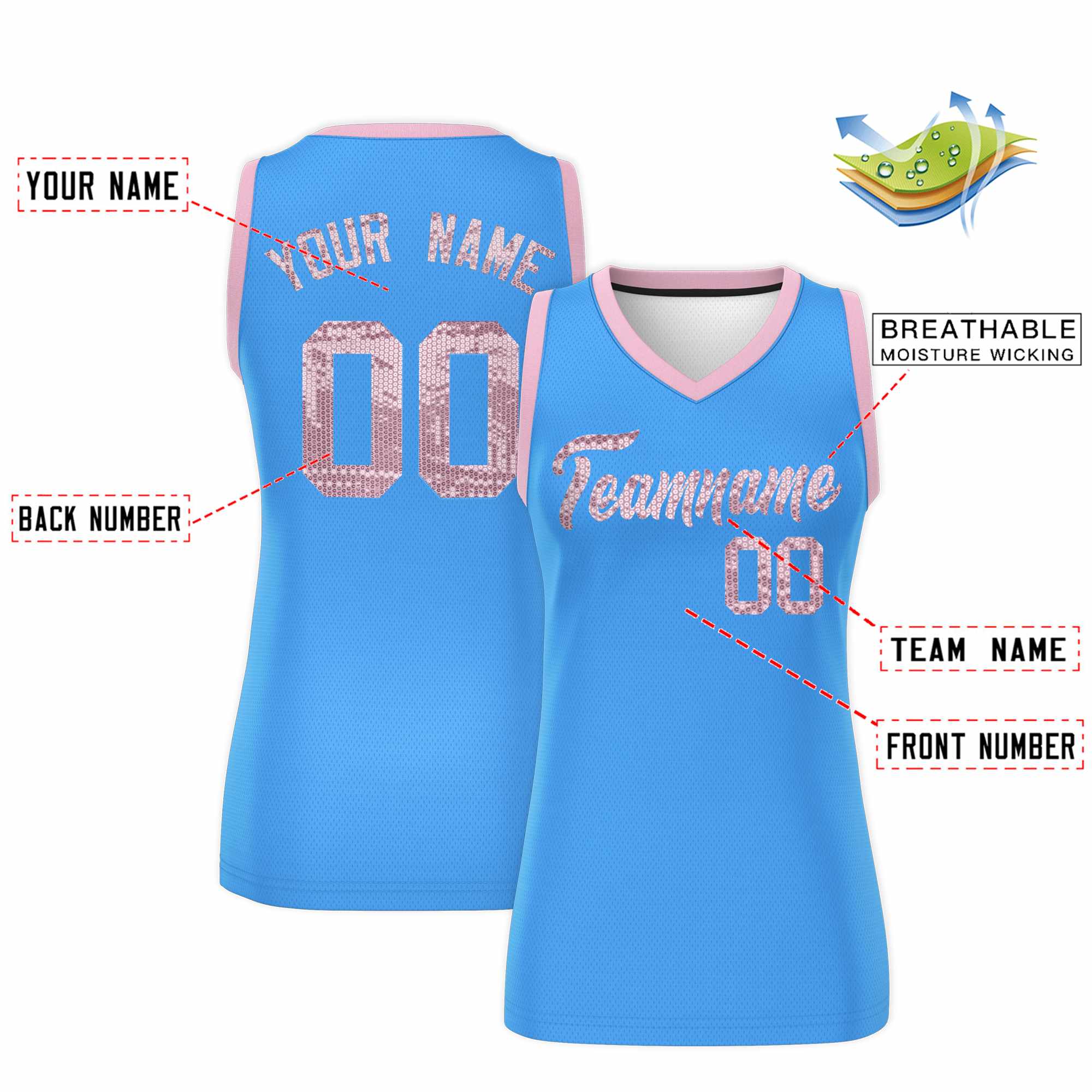 Custom Powder Blue Light Pink Women Basketball Jersey Dress