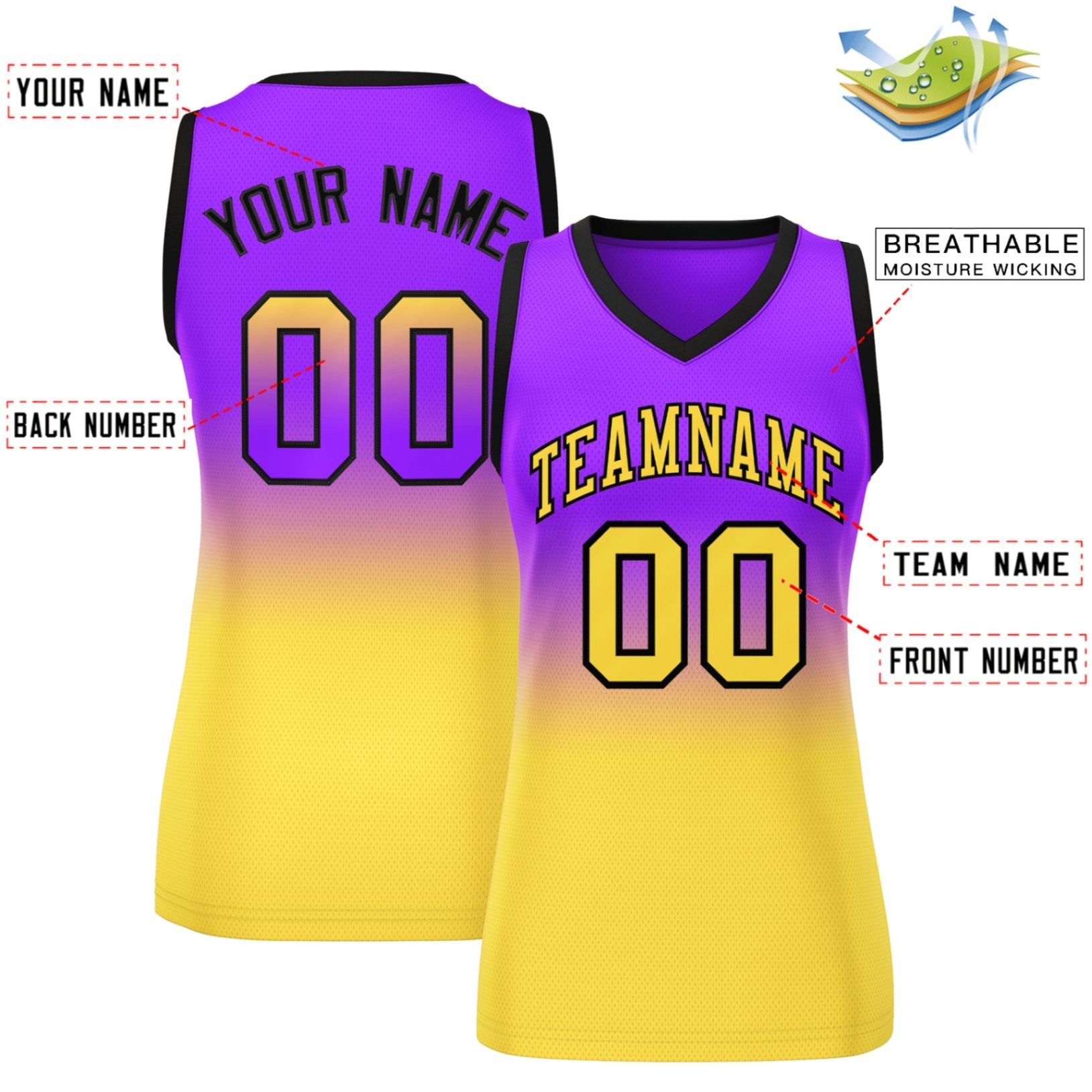 Custom Purple Gold Gradient Fashion Tops Mesh Basketball Jersey For Women