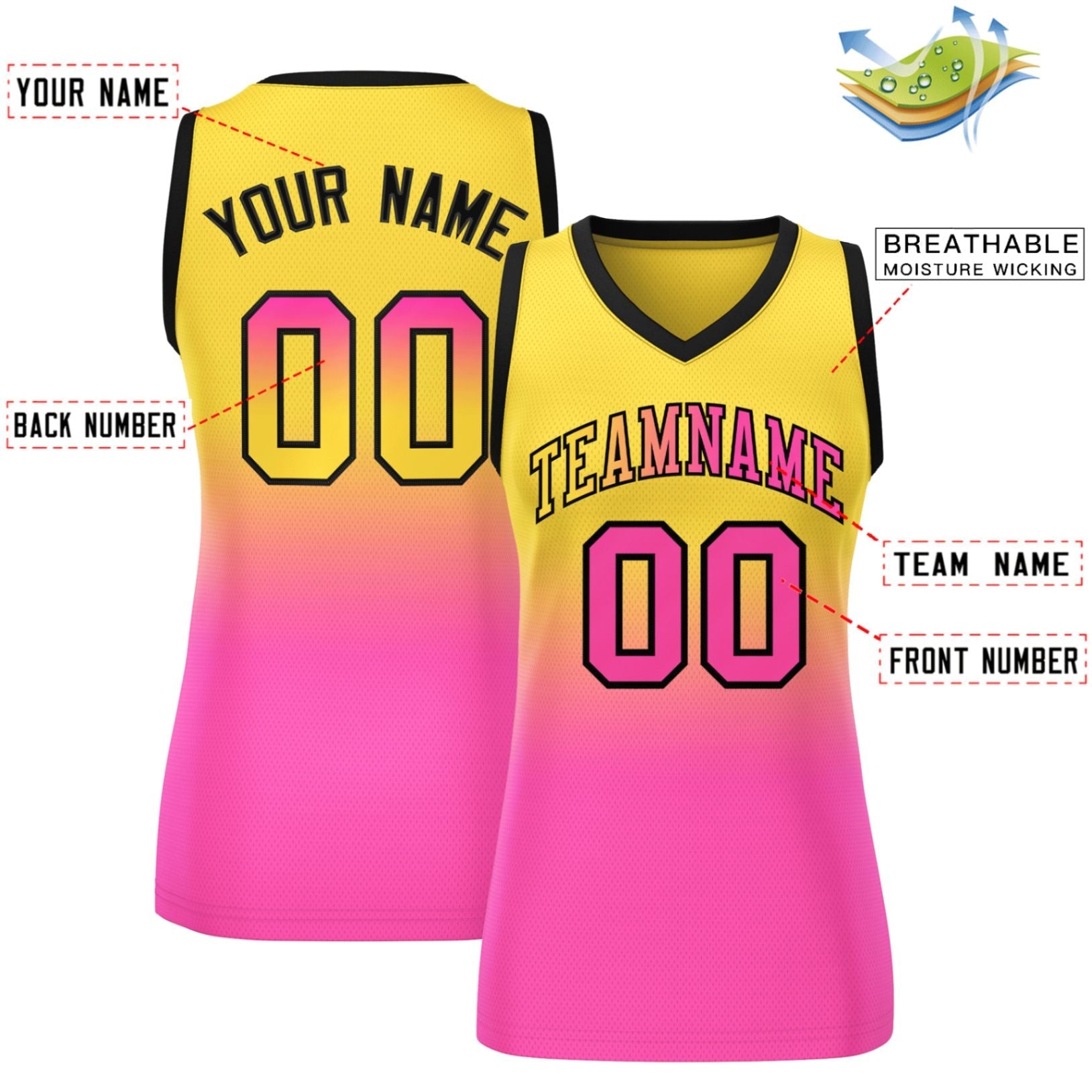 Custom Gold Pink Gradient Fashion Tops Mesh Basketball Jersey For Women