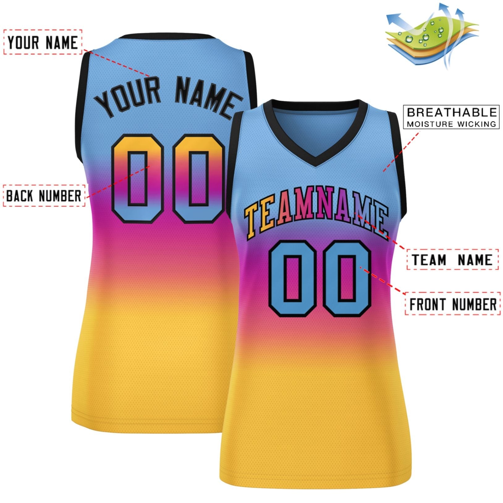 Custom Light Blue Pink-Yellow Gradient Fashion Tops Mesh Basketball Jersey For Women