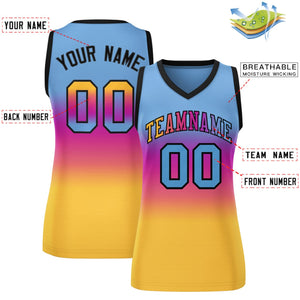 Custom Light Blue Pink-Yellow Gradient Fashion Tops Mesh Basketball Jersey For Women