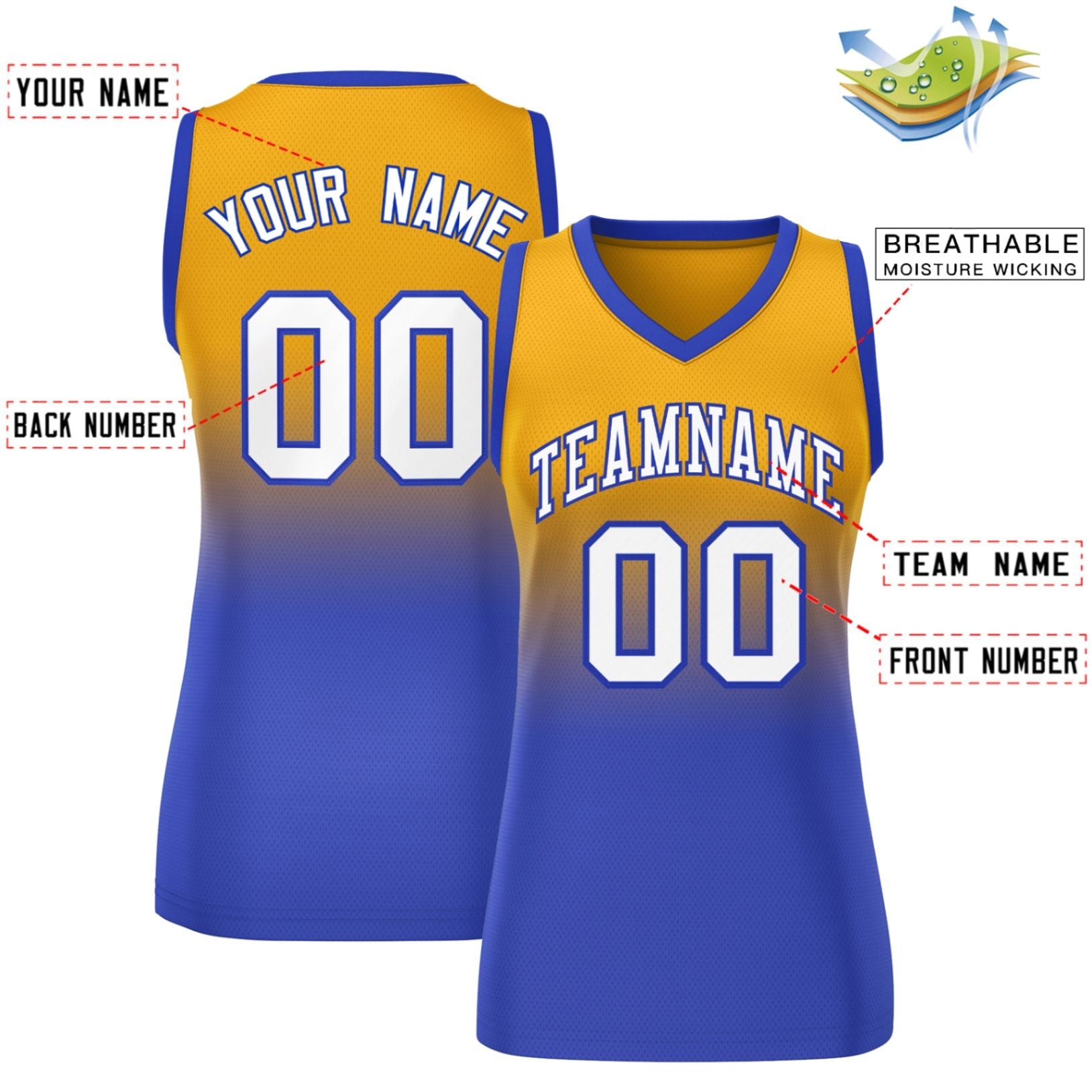 Custom Yellow Royal Gradient Fashion Tops Mesh Basketball Jersey For Women