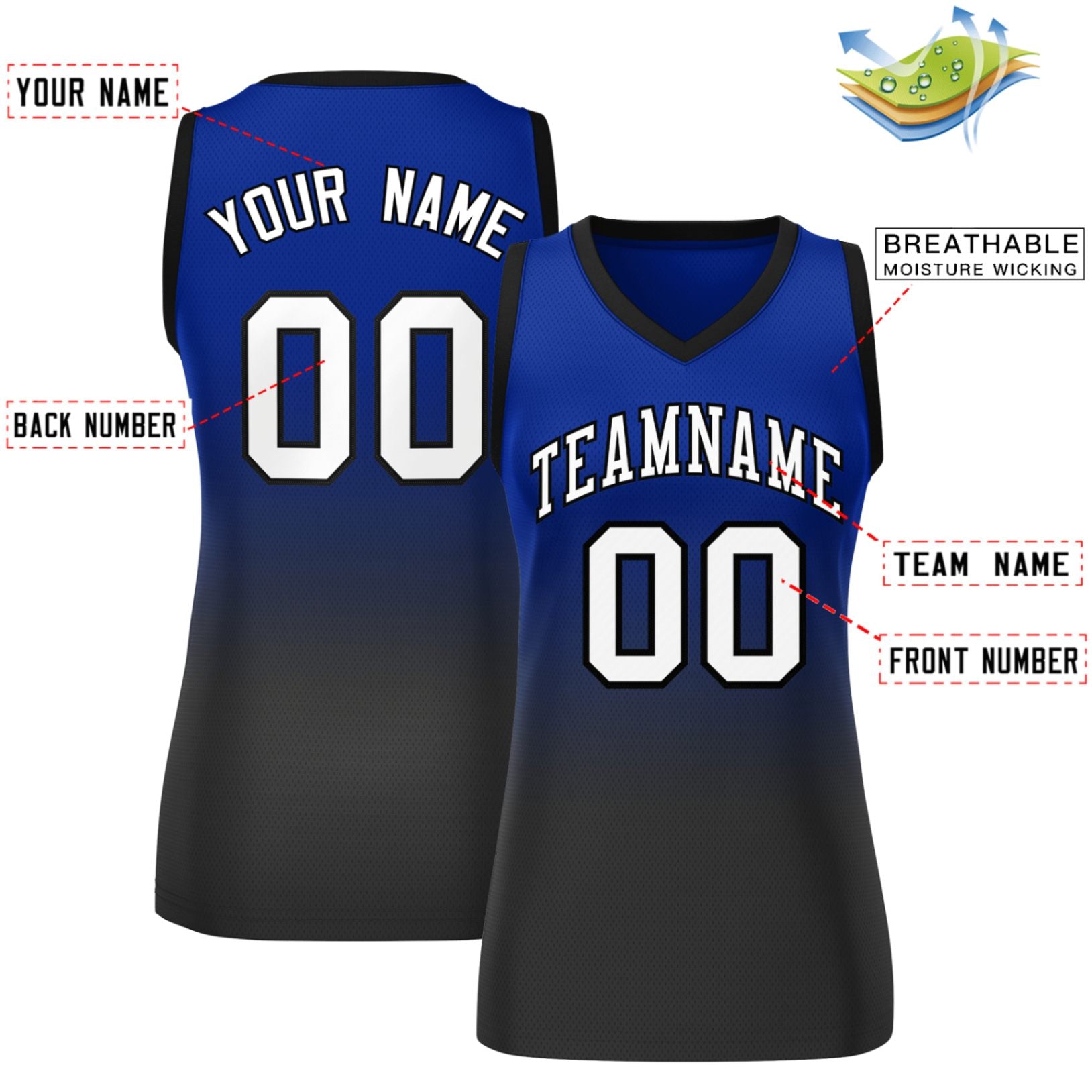 Custom Royal Black Gradient Fashion Tops Mesh Basketball Jersey For Women