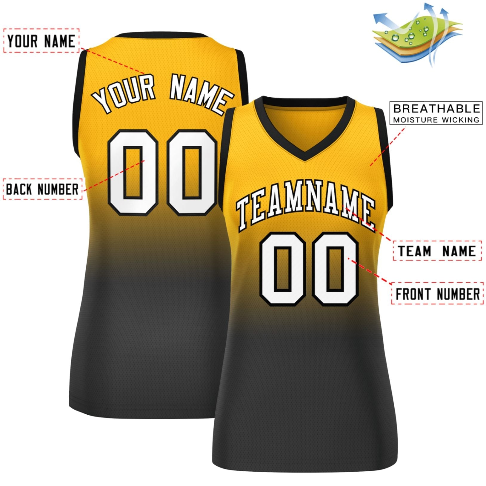 Custom Yellow Black Gradient Fashion Tops Mesh Basketball Jersey For Women