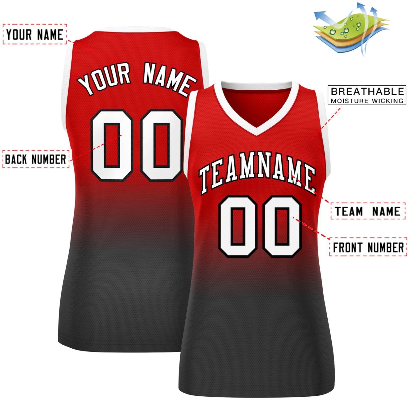 Custom Red Black Gradient Fashion Tops Mesh Basketball Jersey For Women