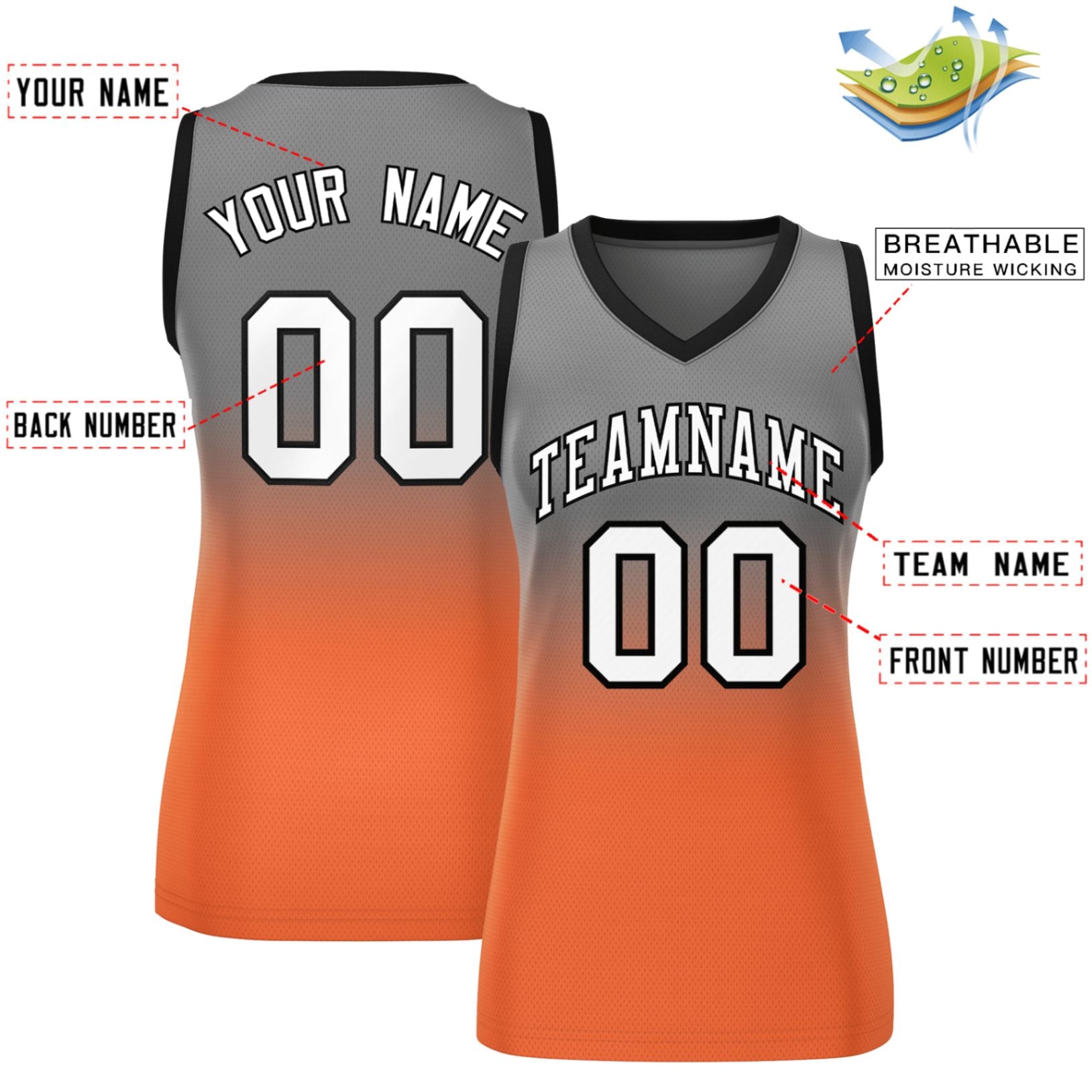 Custom Gray Orange Gradient Fashion Tops Mesh Basketball Jersey For Women