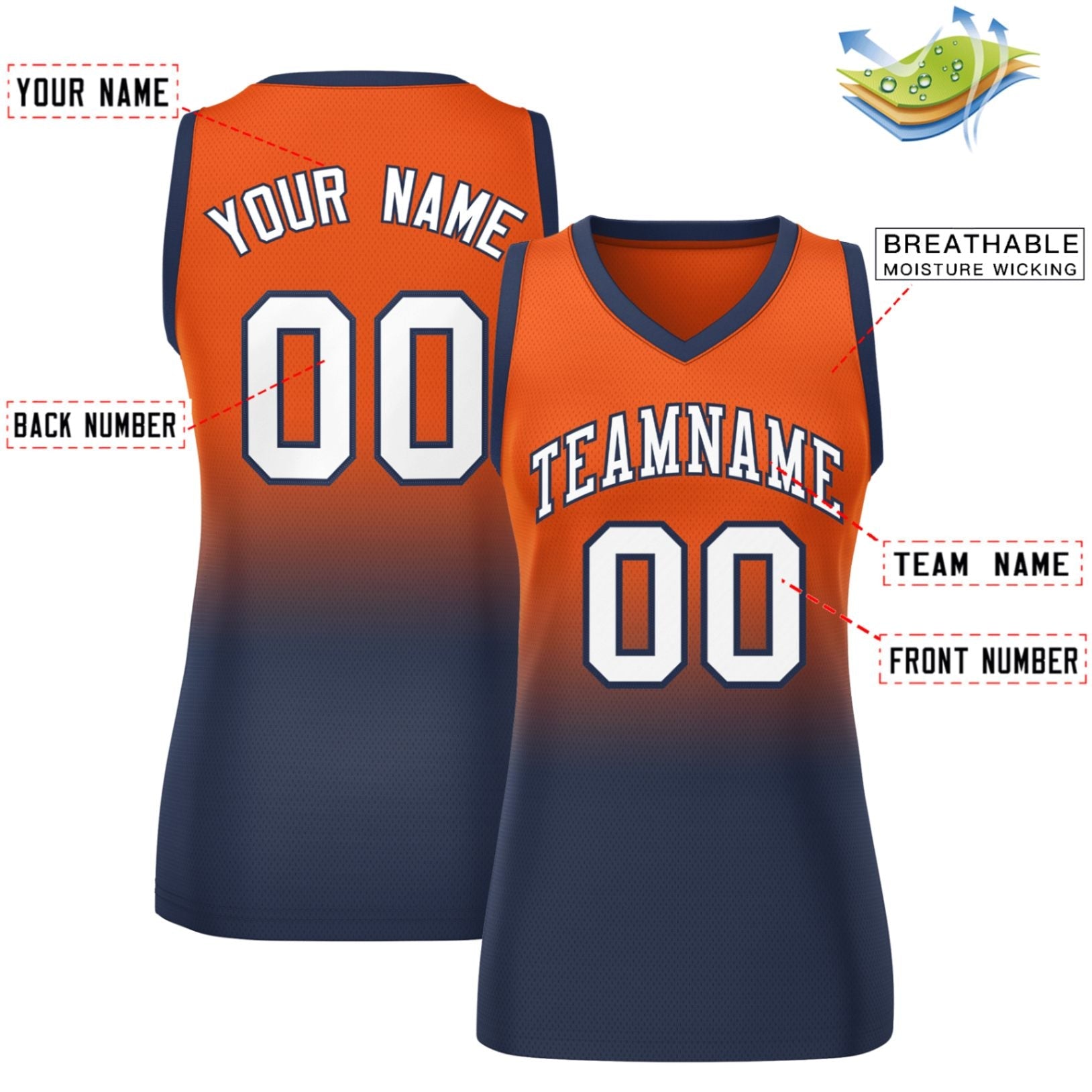 Custom Orange Navy Gradient Fashion Tops Mesh Basketball Jersey For Women