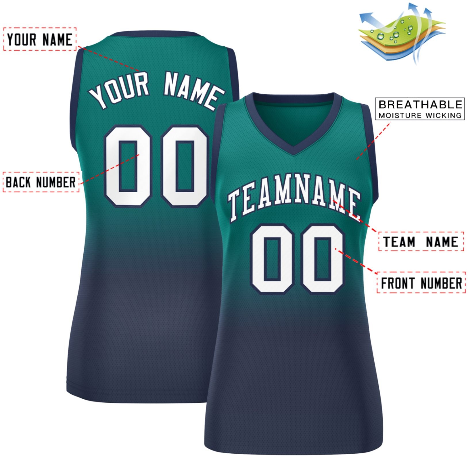 Custom Aqua Navy Gradient Fashion Tops Mesh Basketball Jersey For Women