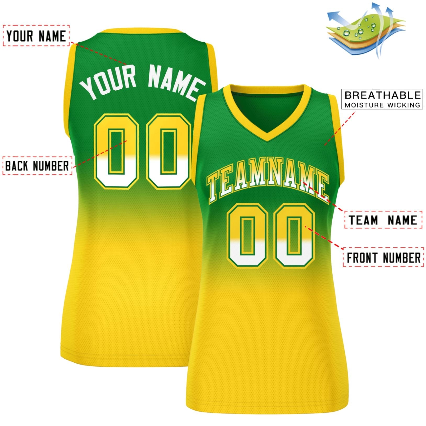 Custom Kelly Green Gold Gradient Fashion Tops Mesh Basketball Jersey For Women