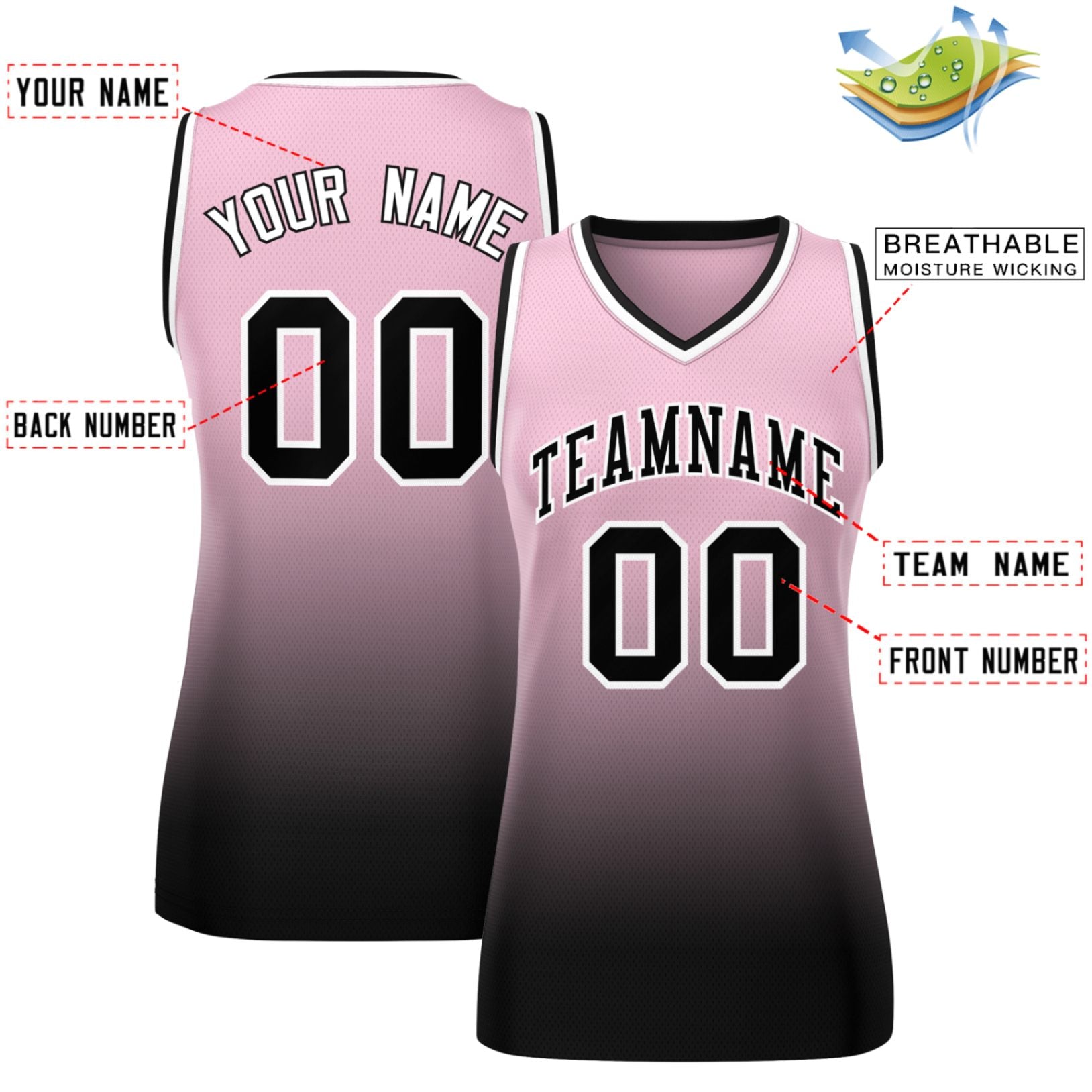 Custom Pink Black Gradient Fashion Tops Mesh Basketball Jersey For Women