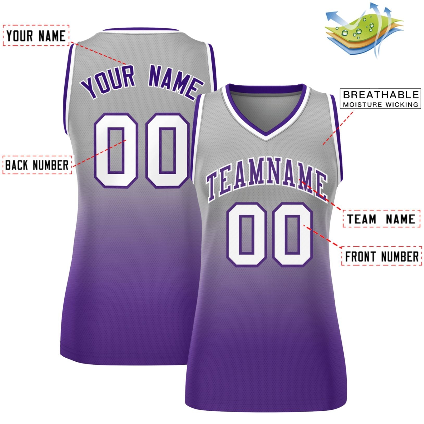 Custom Gray Purple Gradient Fashion Tops Mesh Basketball Jersey For Women