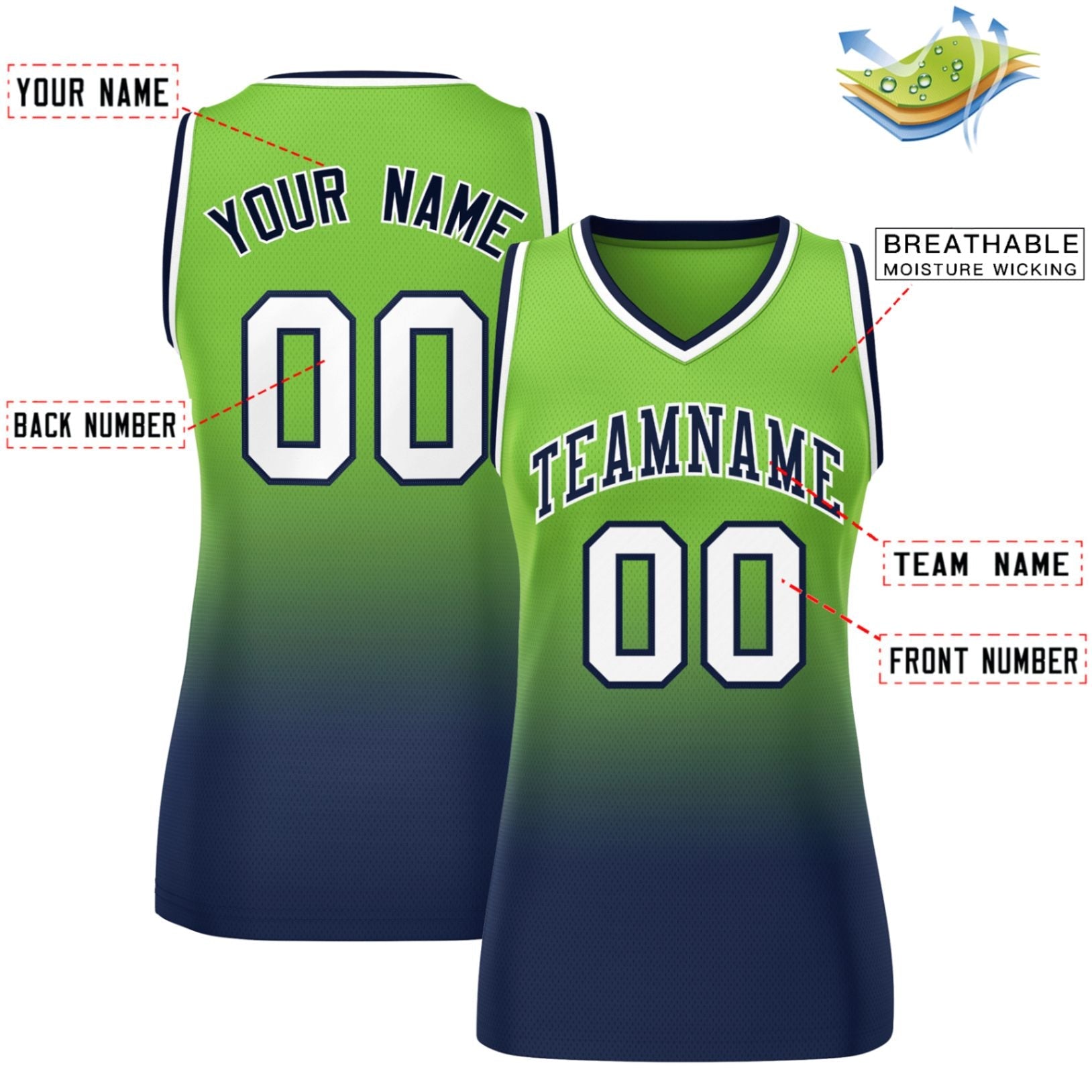 Custom Neon Green Navy Gradient Fashion Tops Mesh Basketball Jersey For Women