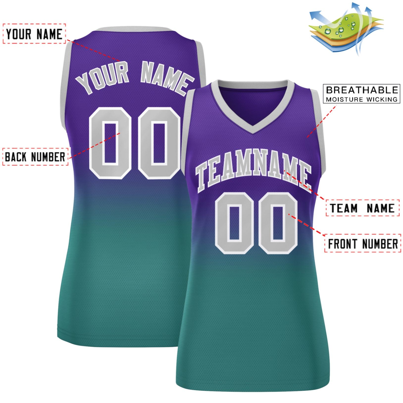 Custom Purple Aqua Gradient Fashion Tops Mesh Basketball Jersey For Women