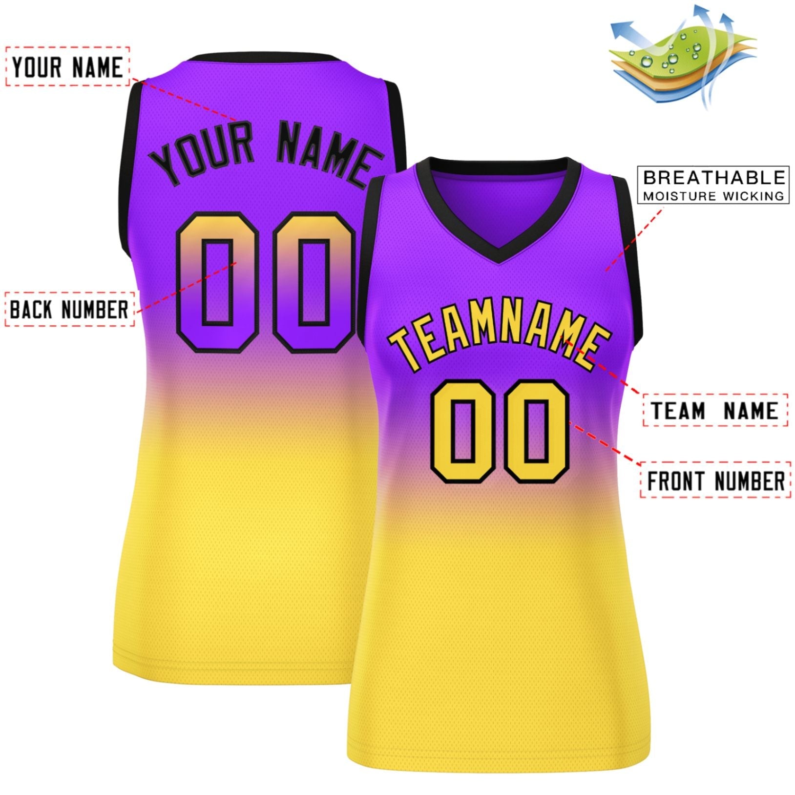 Custom Purple Gold Gradient Fashion Tops Mesh Basketball Jersey For Women