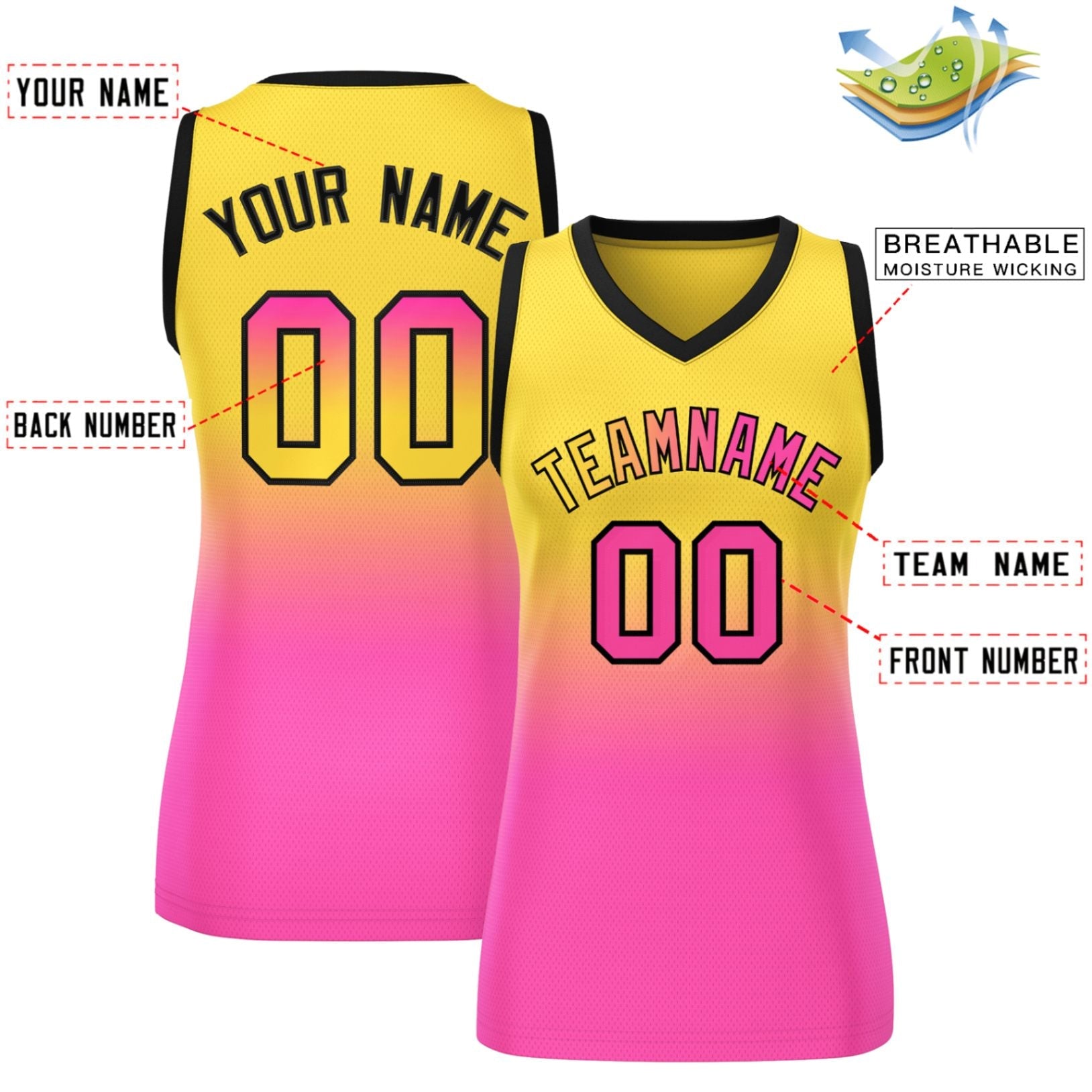 Custom Gold Pink Gradient Fashion Tops Mesh Basketball Jersey For Women