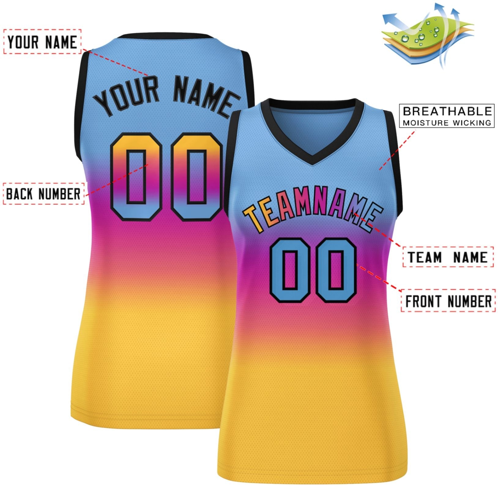 Custom Light Blue Pink-Yellow Gradient Fashion Tops Mesh Basketball Jersey For Women