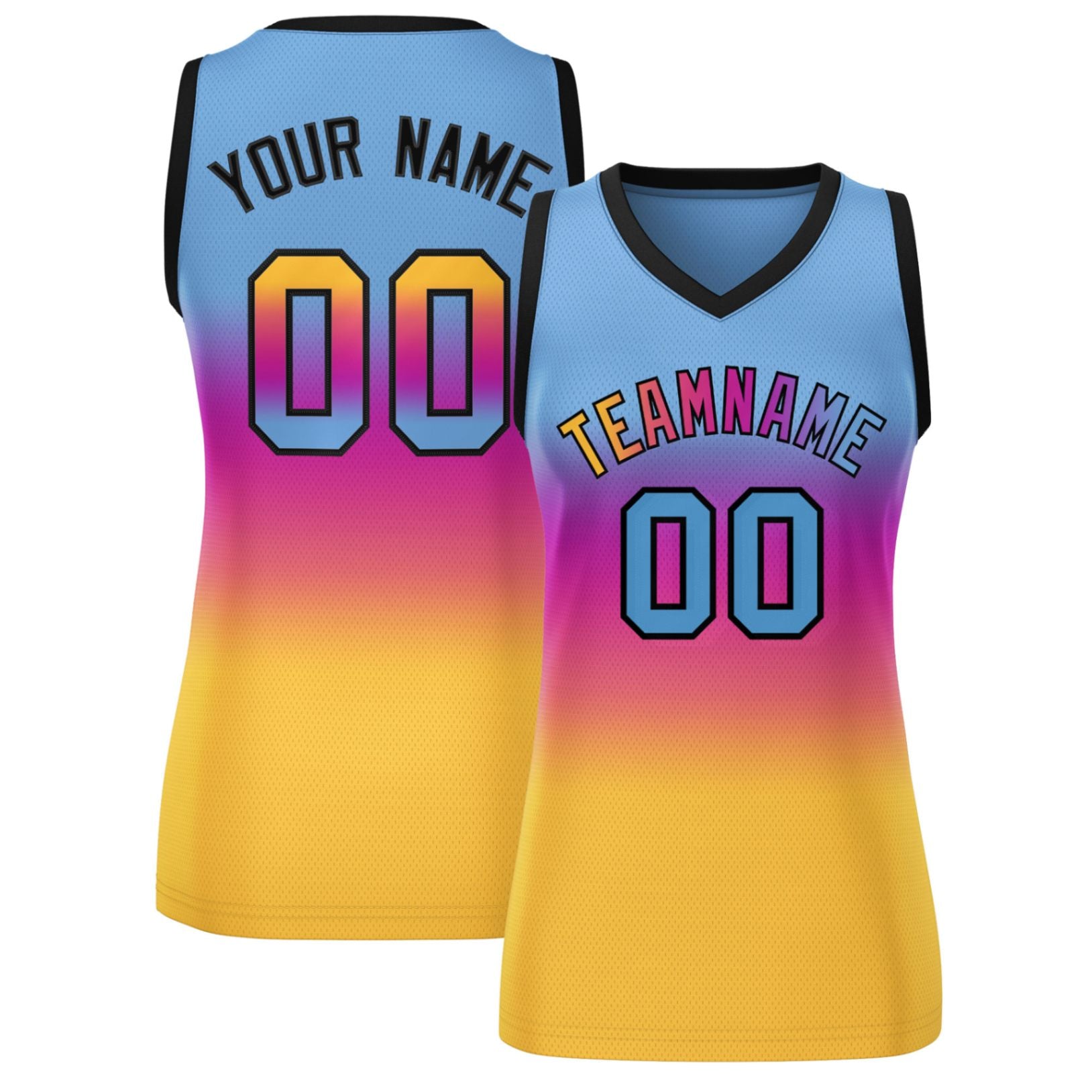 Custom Light Blue Pink-Yellow Gradient Fashion Tops Mesh Basketball Jersey For Women