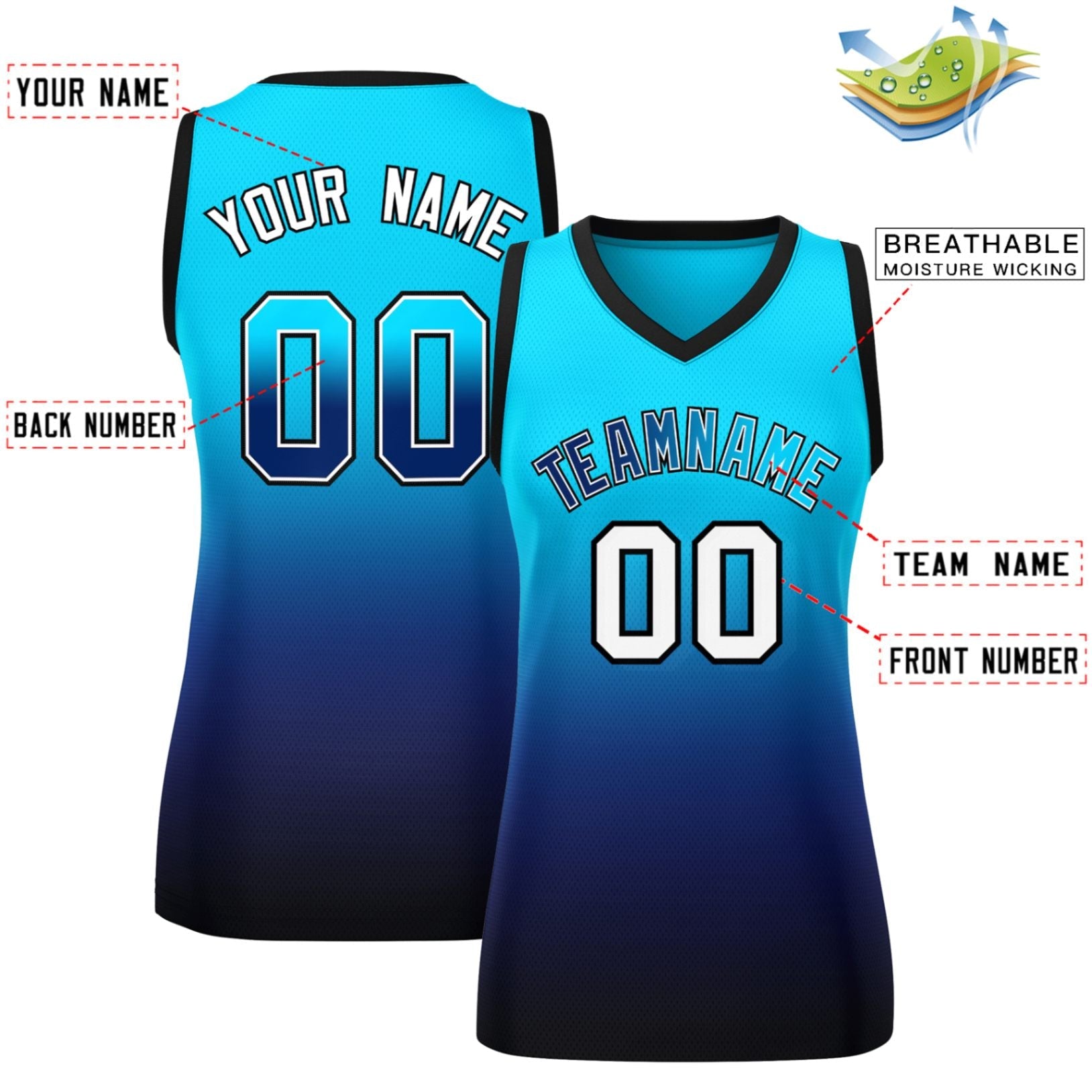 Custom Powder Blue Navy Gradient Fashion Tops Mesh Basketball Jersey For Women