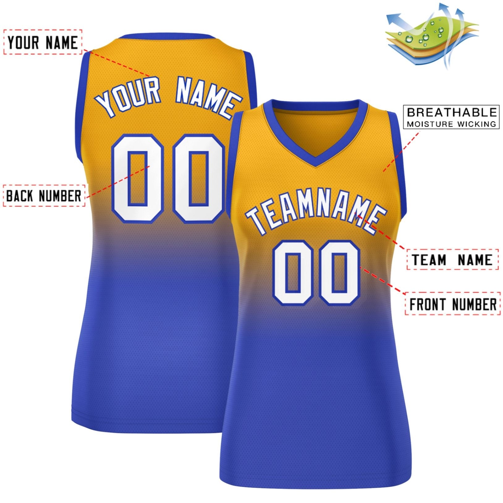 Custom Yellow Royal Gradient Fashion Tops Mesh Basketball Jersey For Women