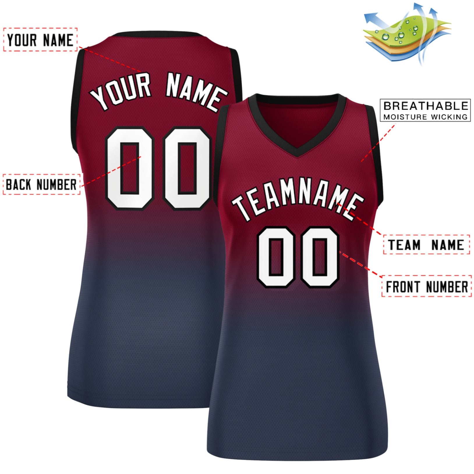 Custom Crimson Navy Gradient Fashion Tops Mesh Basketball Jersey For Women