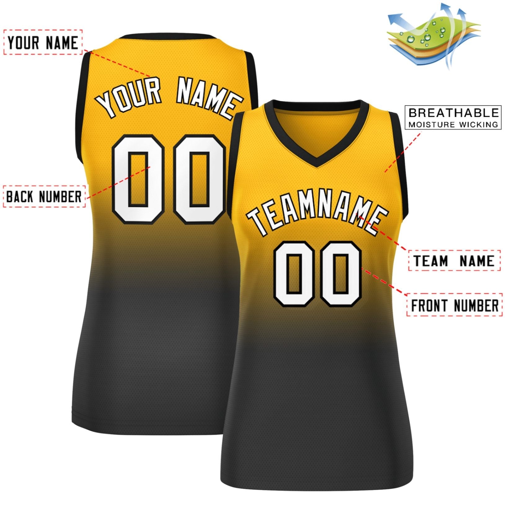 Custom Yellow Black Gradient Fashion Tops Mesh Basketball Jersey For Women