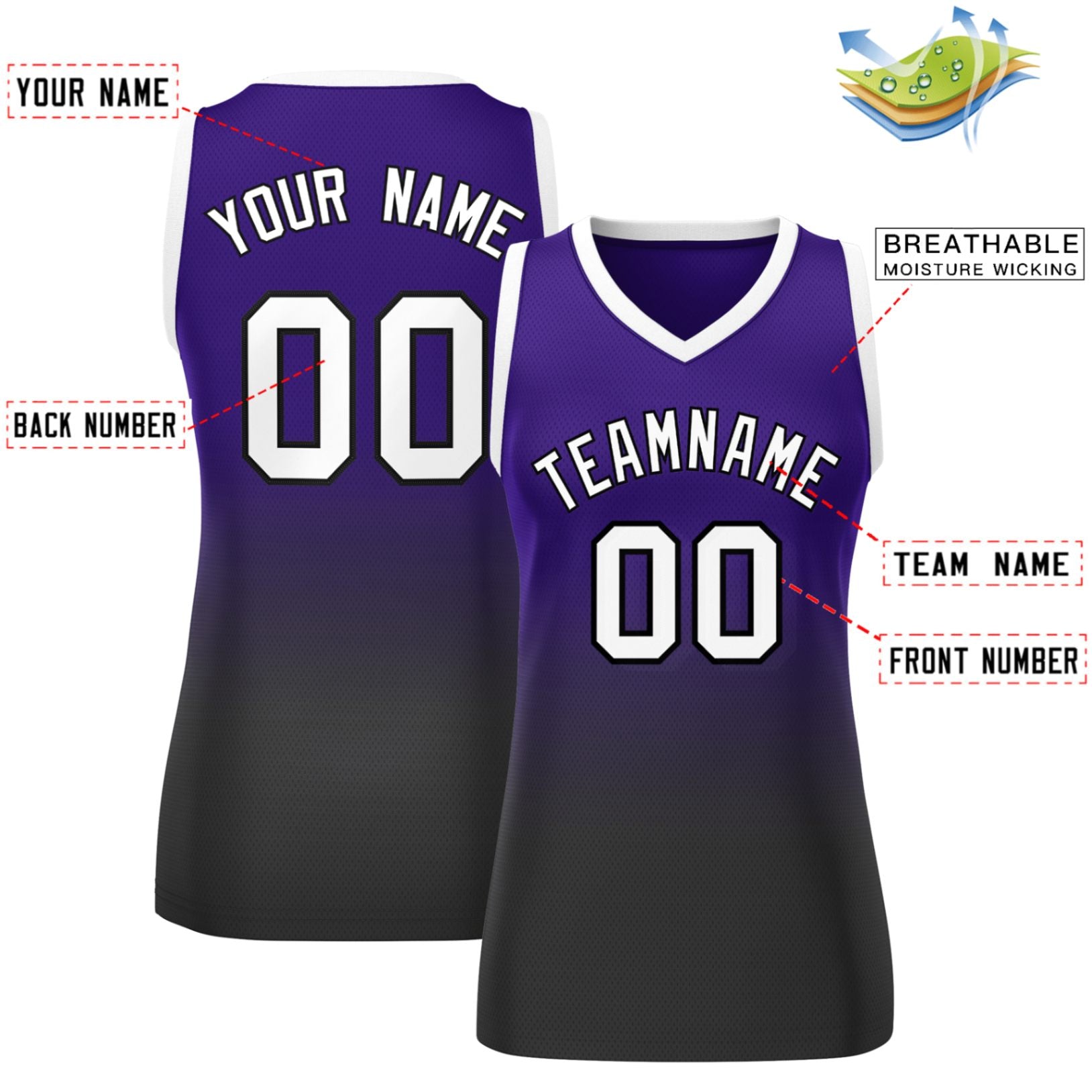 Custom Purple Black Gradient Fashion Tops Mesh Basketball Jersey For Women