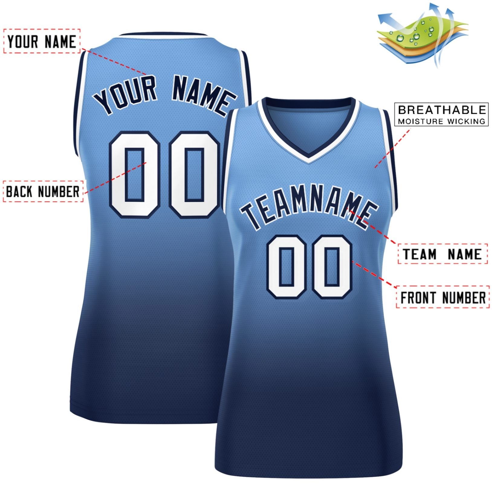 Custom Powder Blue Navy Gradient Fashion Tops Mesh Basketball Jersey For Women