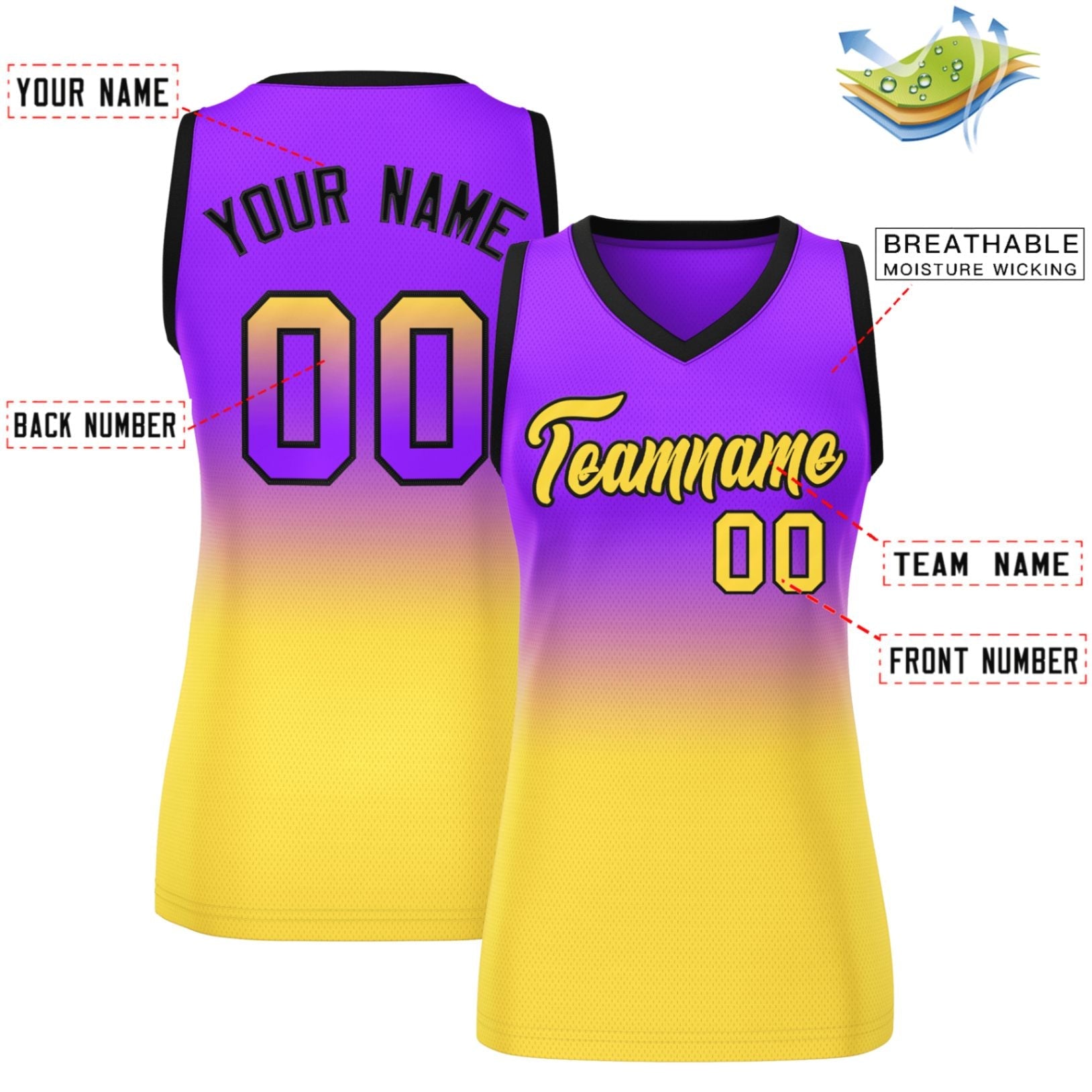 Custom Purple Gold Gradient Fashion Tops Mesh Basketball Jersey For Women