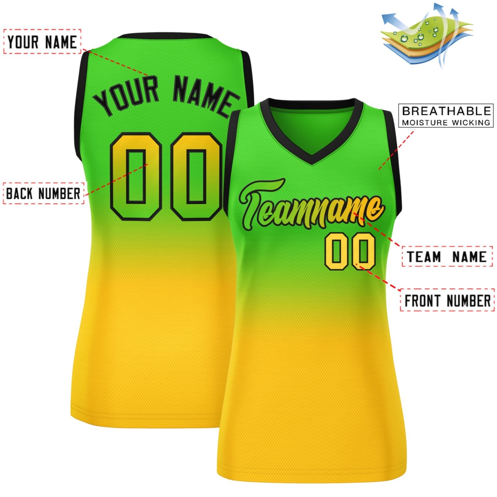 Custom Kelly Green Yellow Gradient Fashion Tops Mesh Basketball Jersey For Women