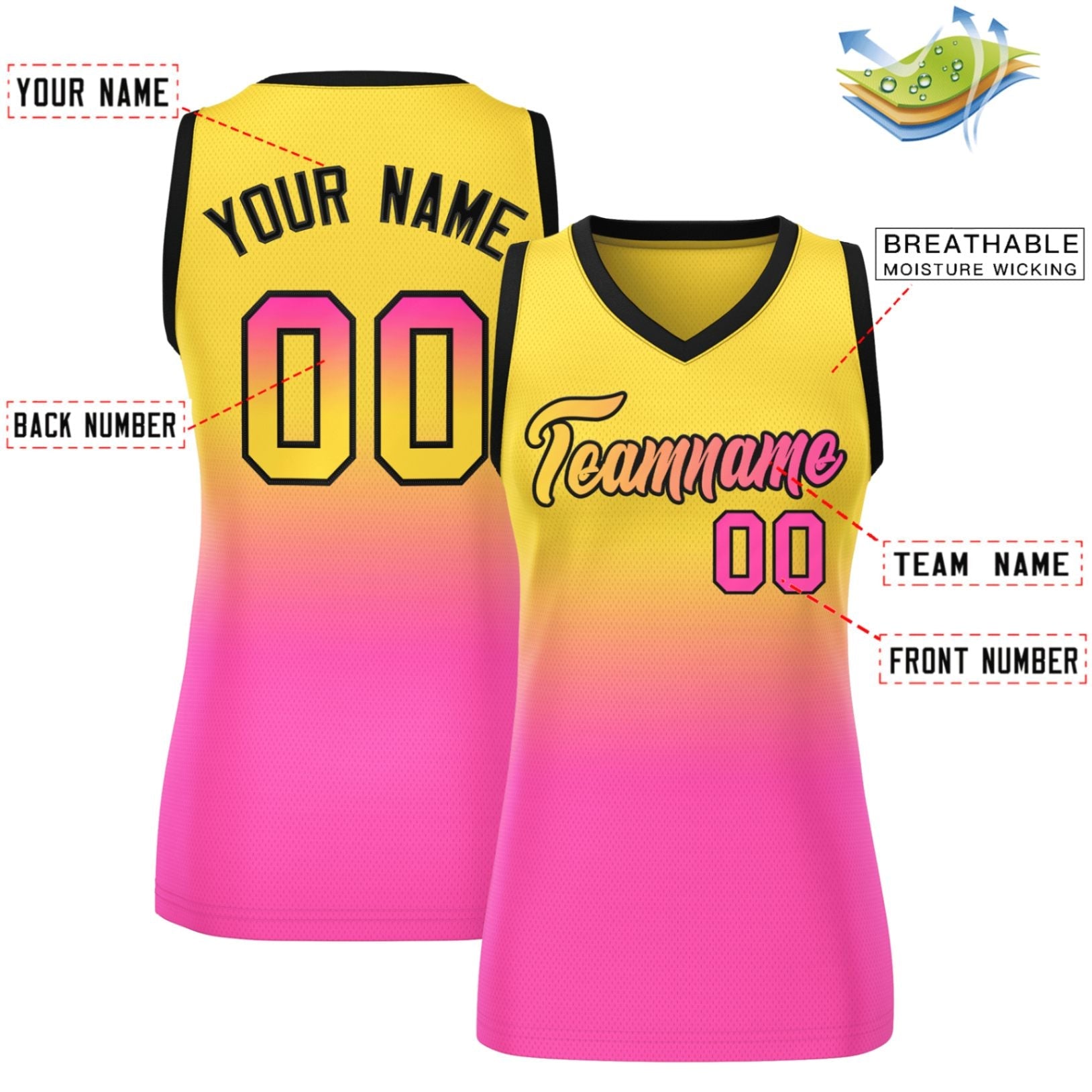 Custom Gold Pink Gradient Fashion Tops Mesh Basketball Jersey For Women