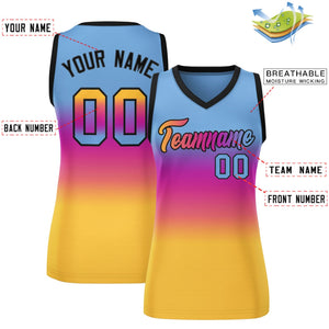 Custom Light Blue Pink-Yellow Gradient Fashion Tops Mesh Basketball Jersey For Women