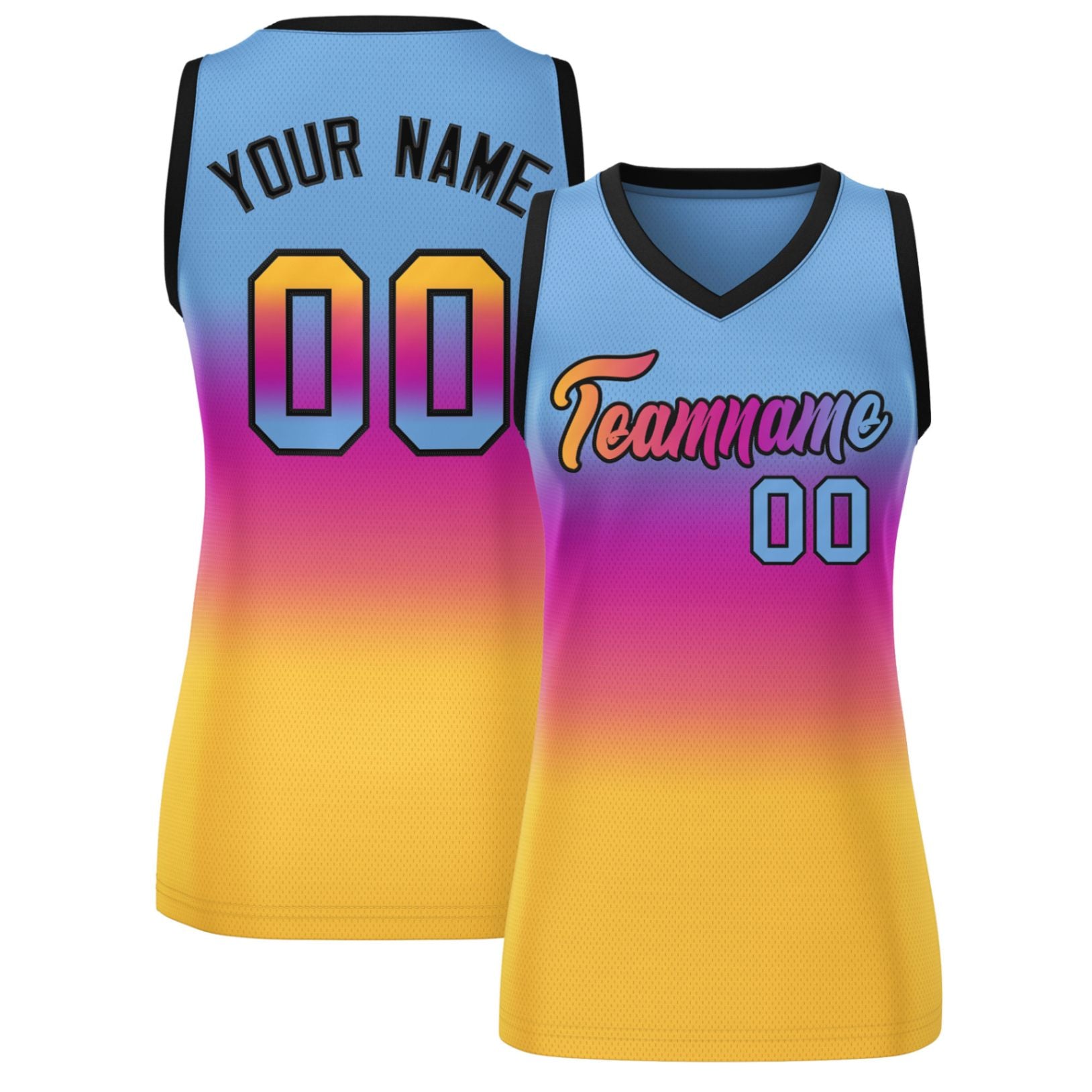 Custom Light Blue Pink-Yellow Gradient Fashion Tops Mesh Basketball Jersey For Women