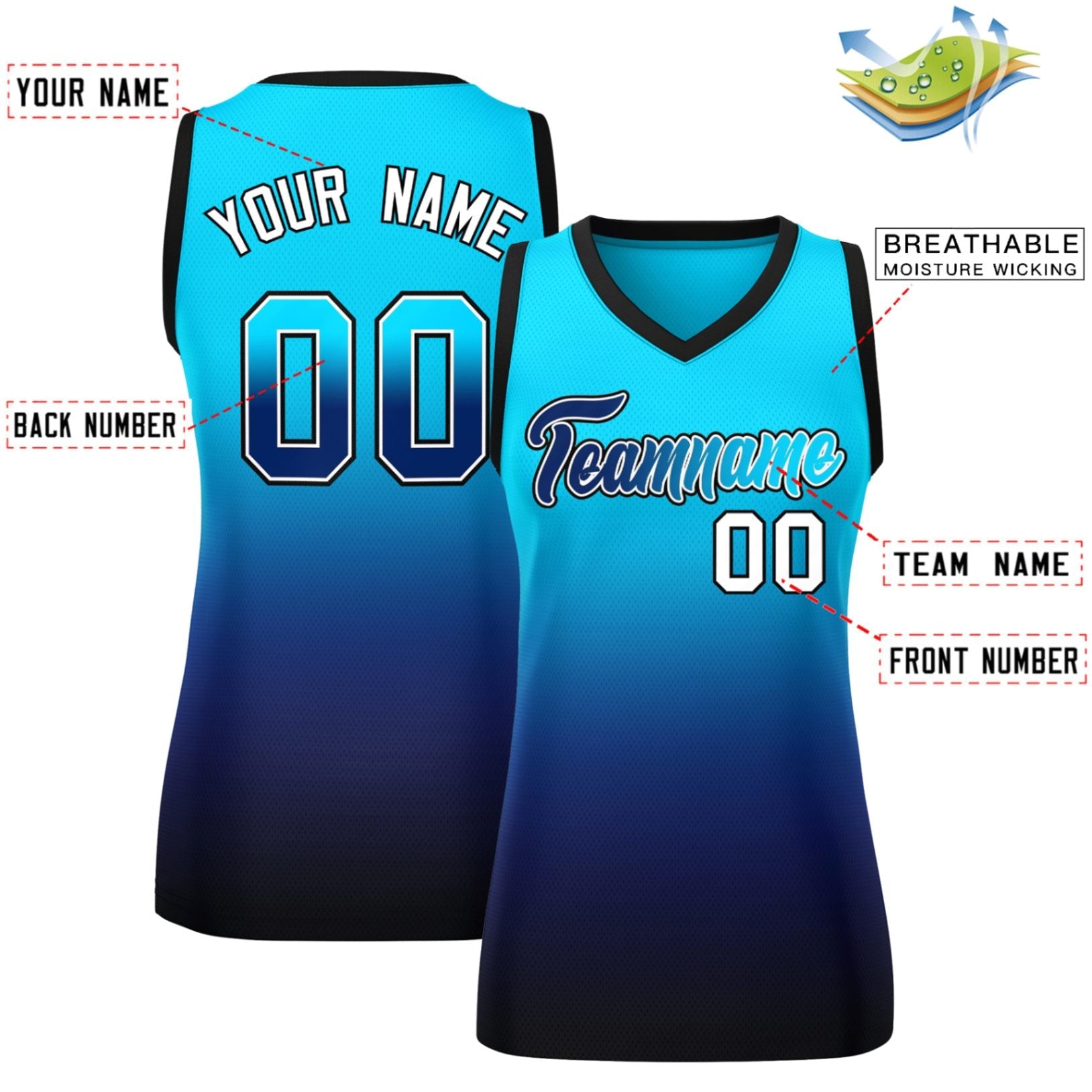 Custom Powder Blue Navy Gradient Fashion Tops Mesh Basketball Jersey For Women