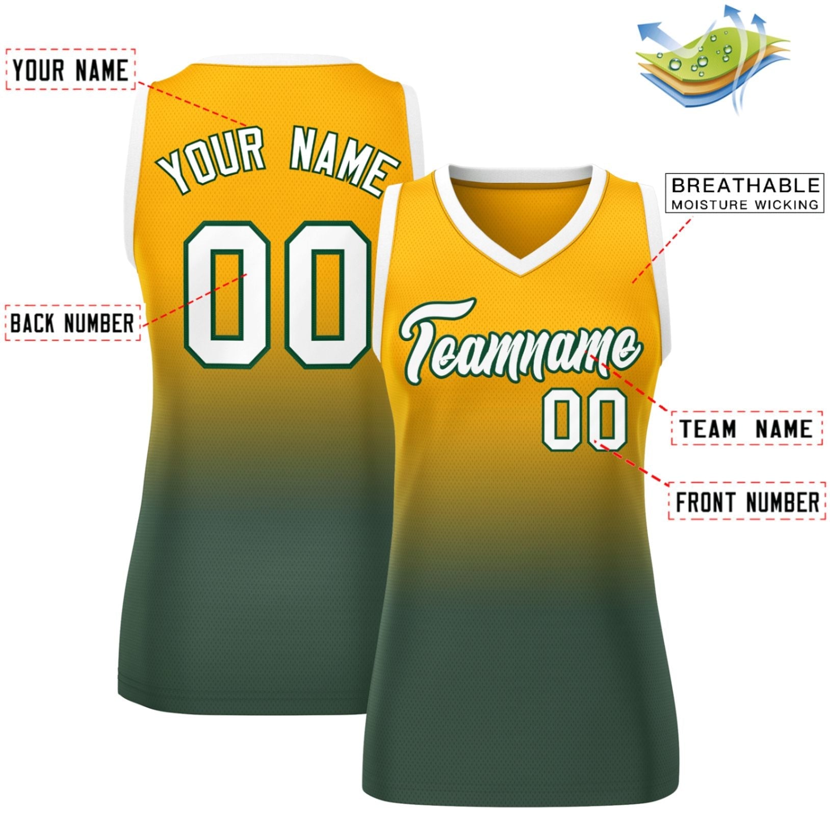 Custom Yellow Midnight Green Gradient Fashion Tops Mesh Basketball Jersey For Women