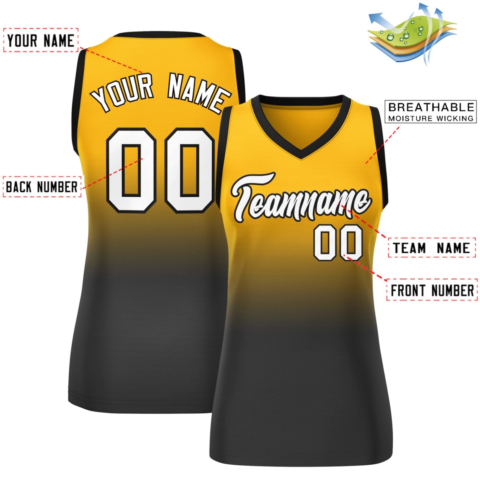 Custom Yellow Black Gradient Fashion Tops Mesh Basketball Jersey For Women