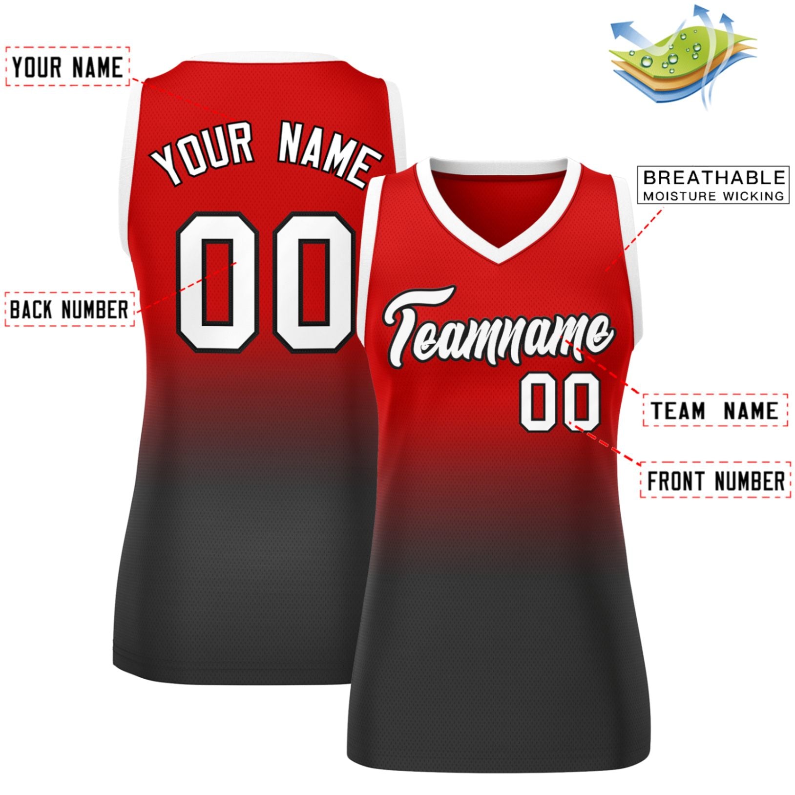 Custom Red Black Gradient Fashion Tops Mesh Basketball Jersey For Women