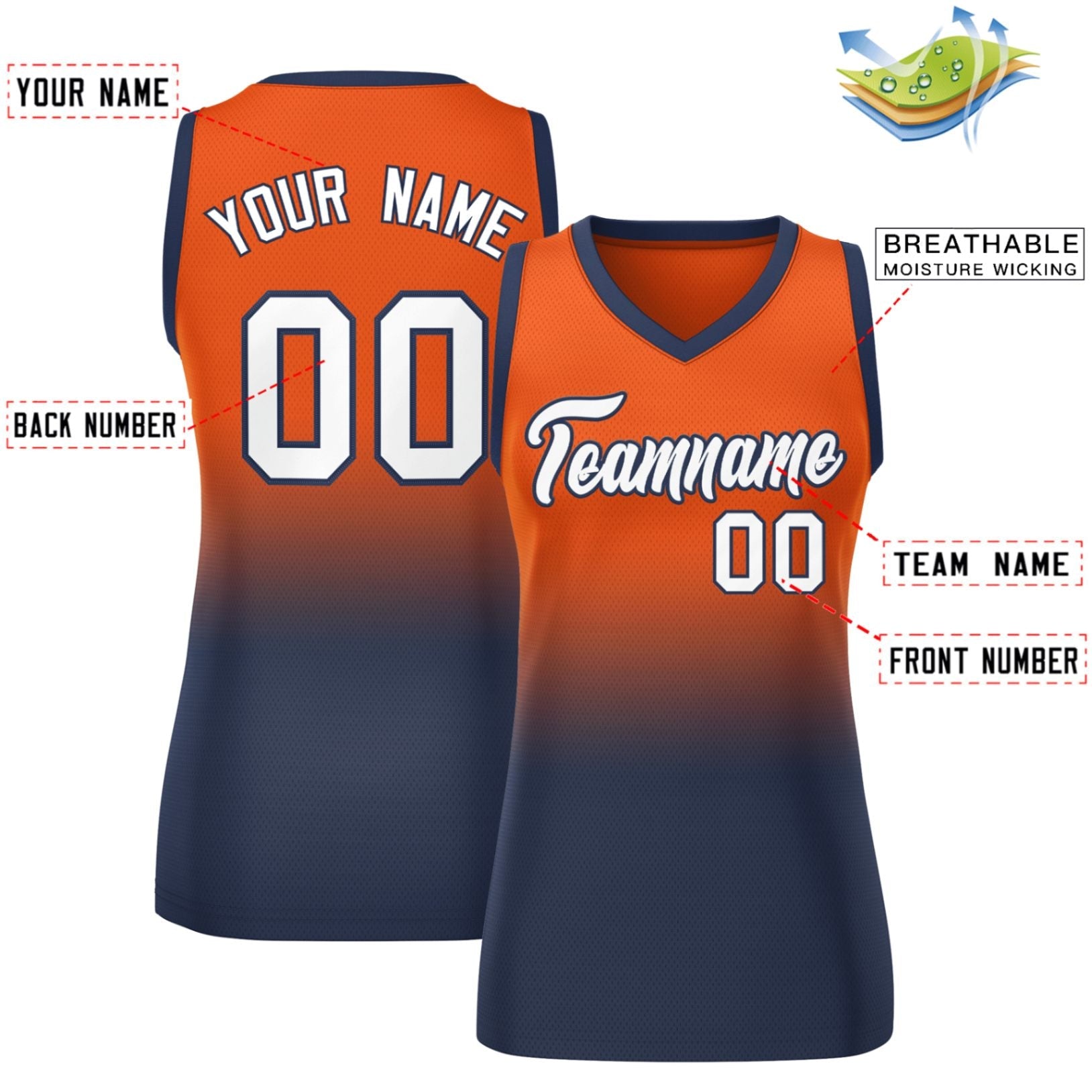 Custom Orange Navy Gradient Fashion Tops Mesh Basketball Jersey For Women