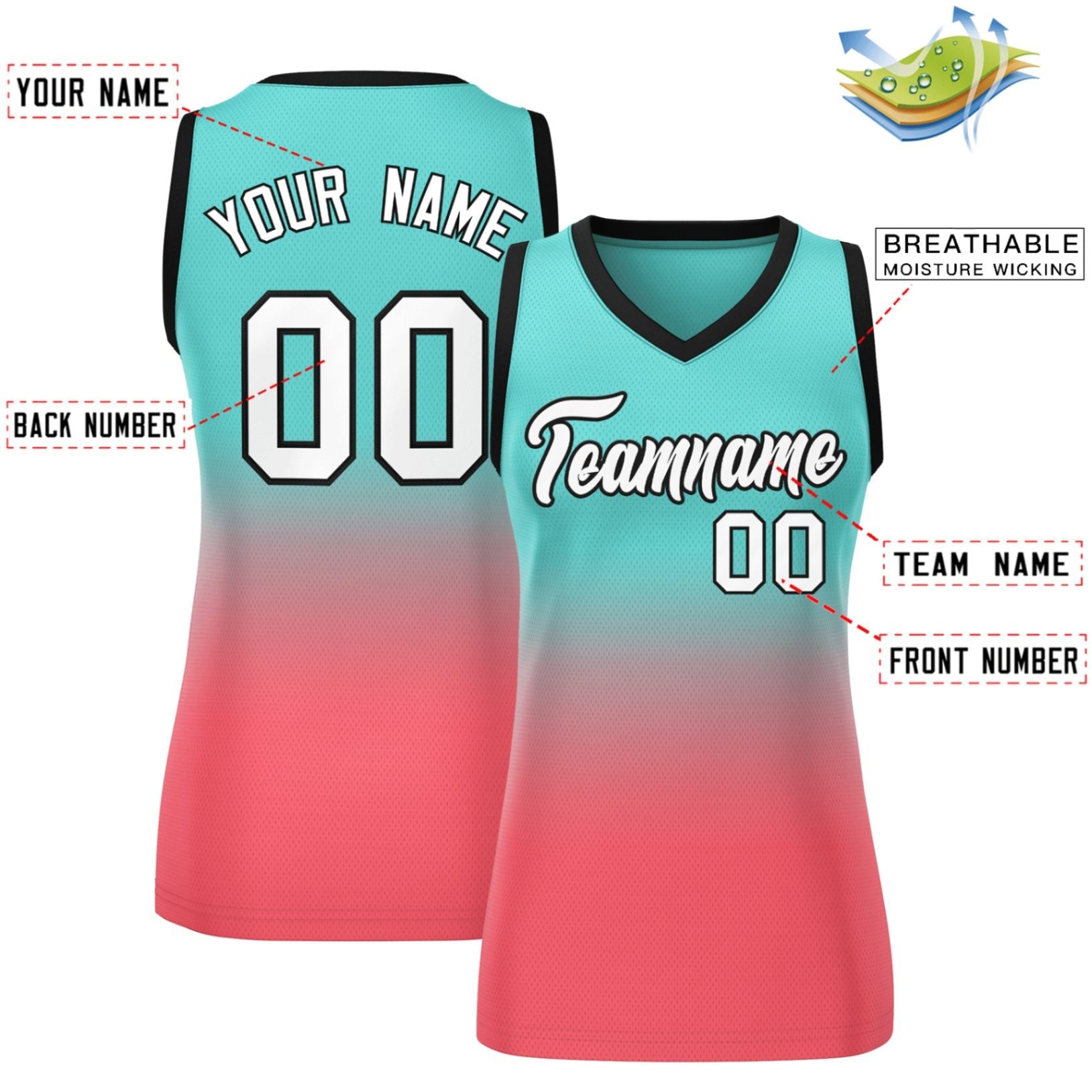 Custom Light Green Light Red Gradient Fashion Tops Mesh Basketball Jersey For Women