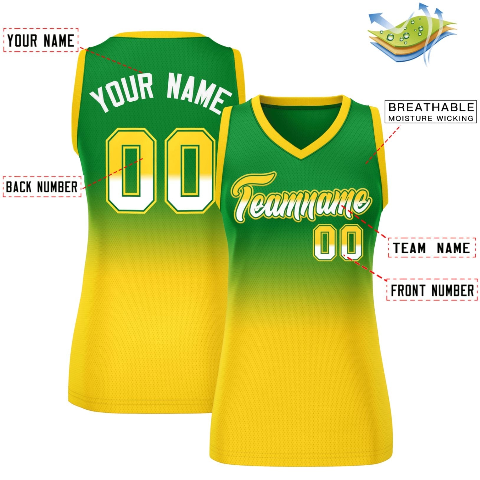 Custom Kelly Green Gold Gradient Fashion Tops Mesh Basketball Jersey For Women