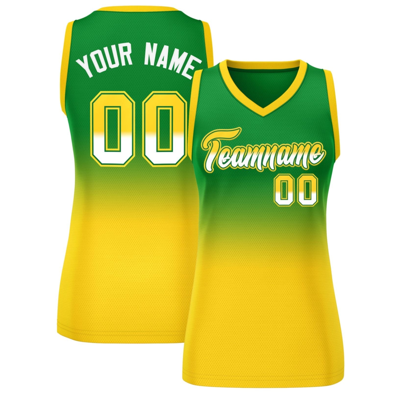 Custom Kelly Green Gold Gradient Fashion Tops Mesh Basketball Jersey For Women