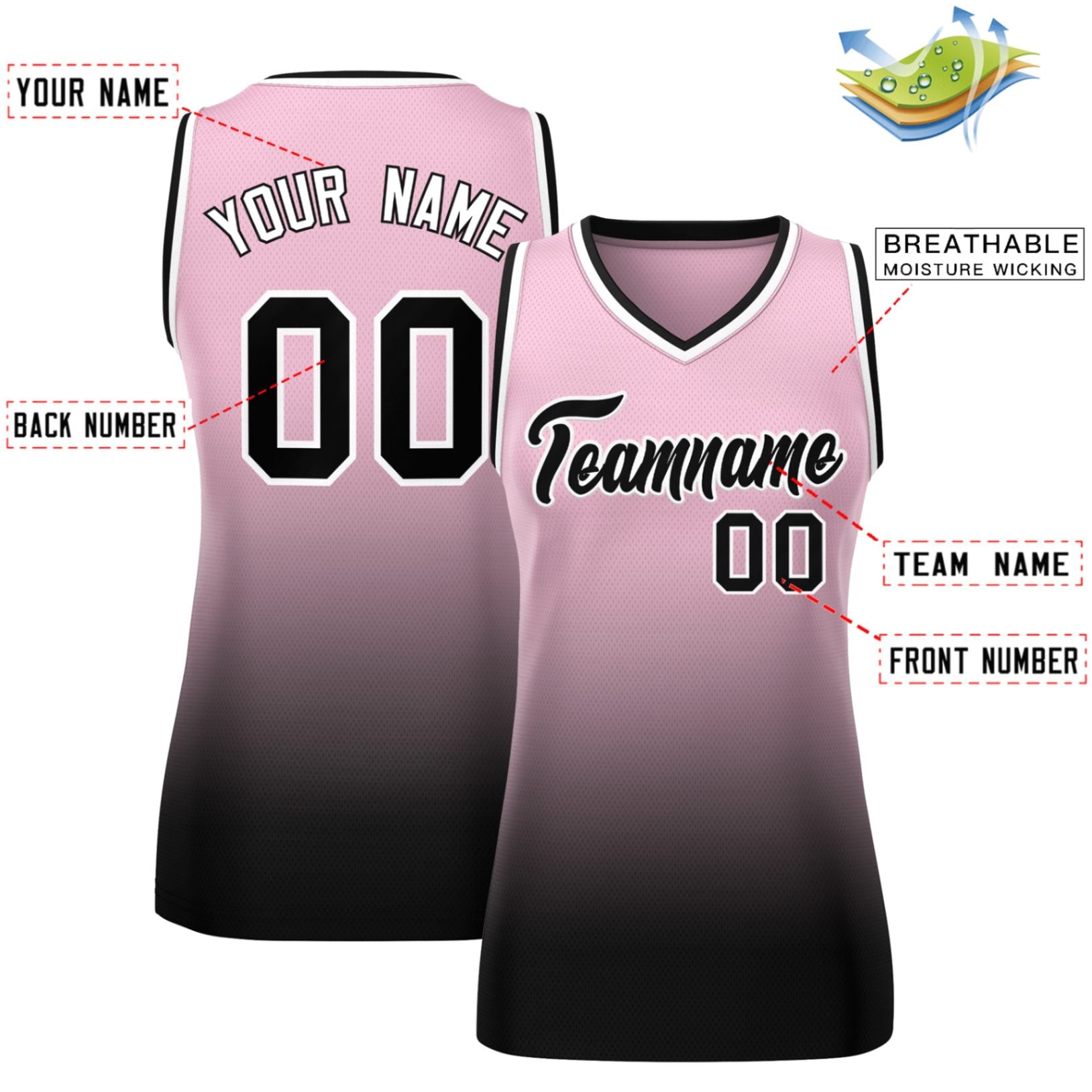 Custom Pink Black Gradient Fashion Tops Mesh Basketball Jersey For Women